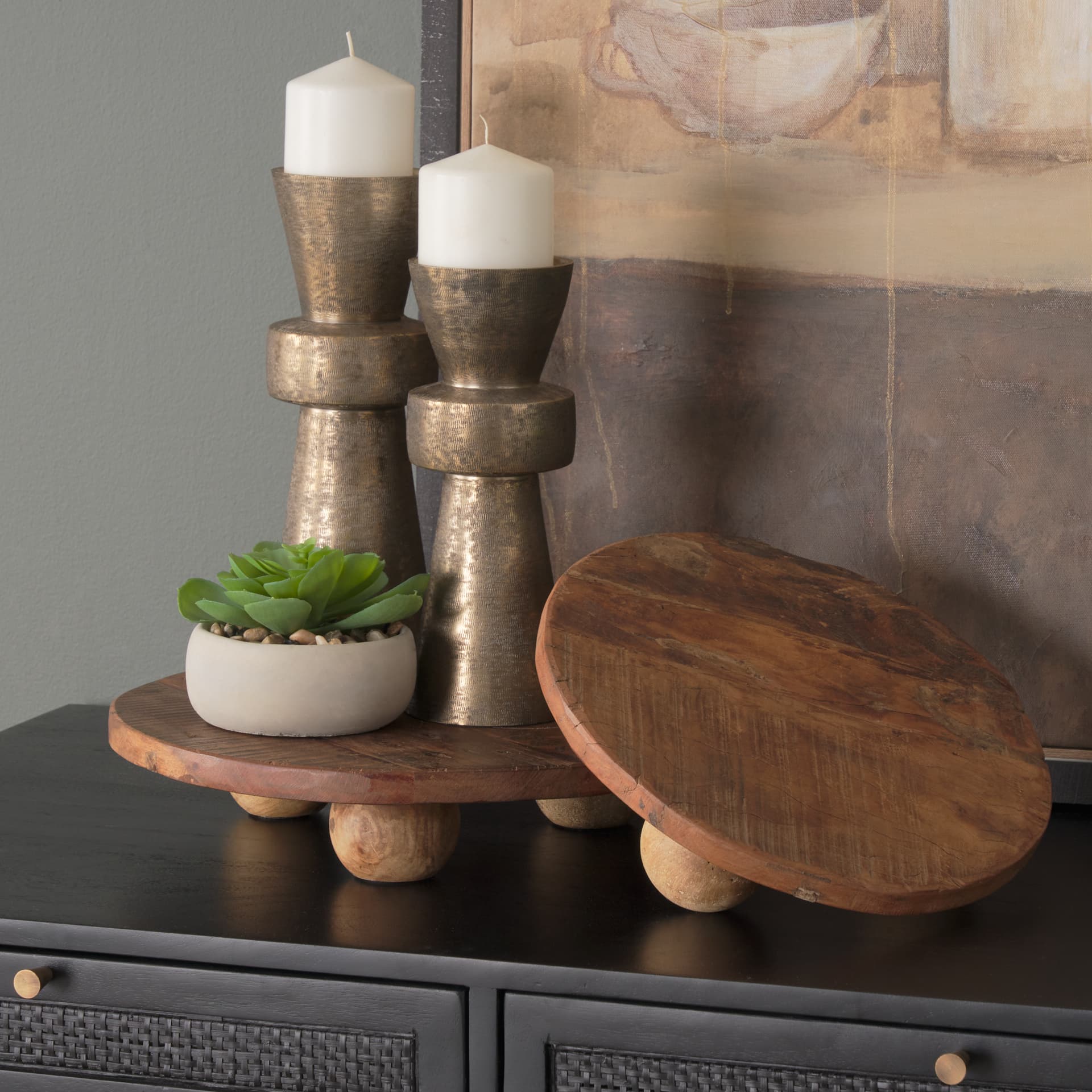 Odilia Large Textured Antiqued Gold Metal Geometric Pillar Candle Holder — product photograph