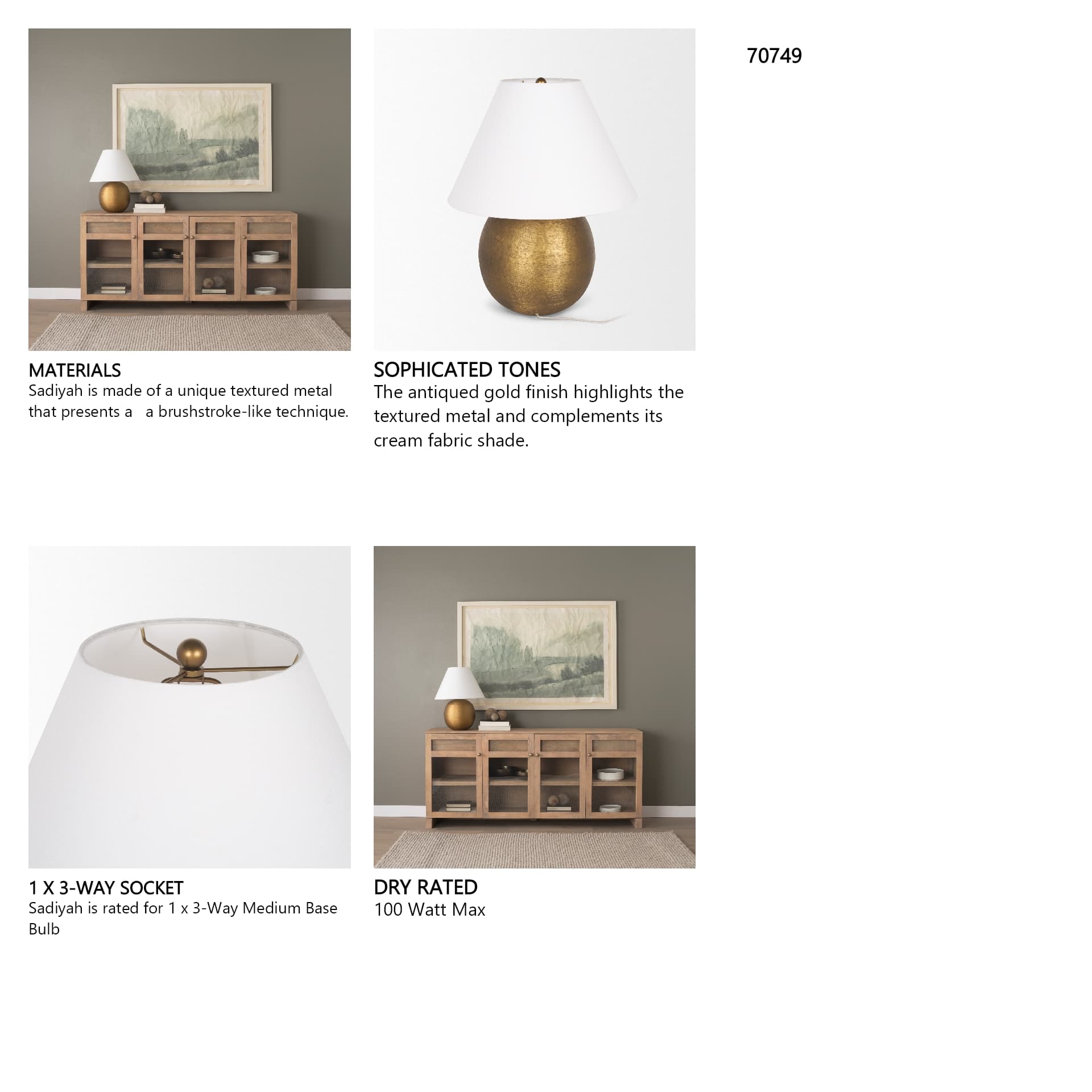 Sadiyah Antiqued Gold Brushed Metal w/ Cream Shade Table Lamp — in a styled room