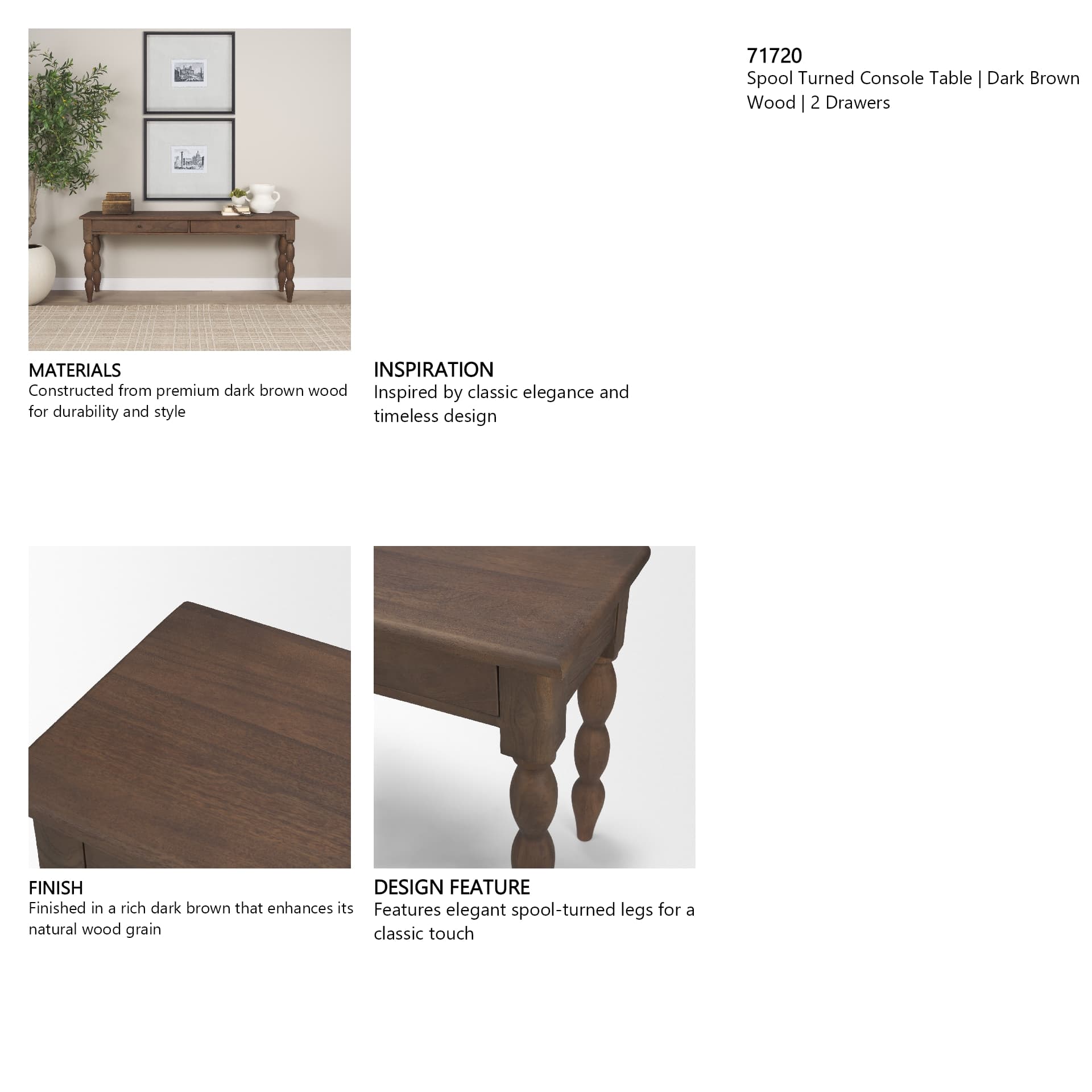 Angeline Spool Turned Console Table | Dark Brown Wood | 2 Drawers — in a styled room