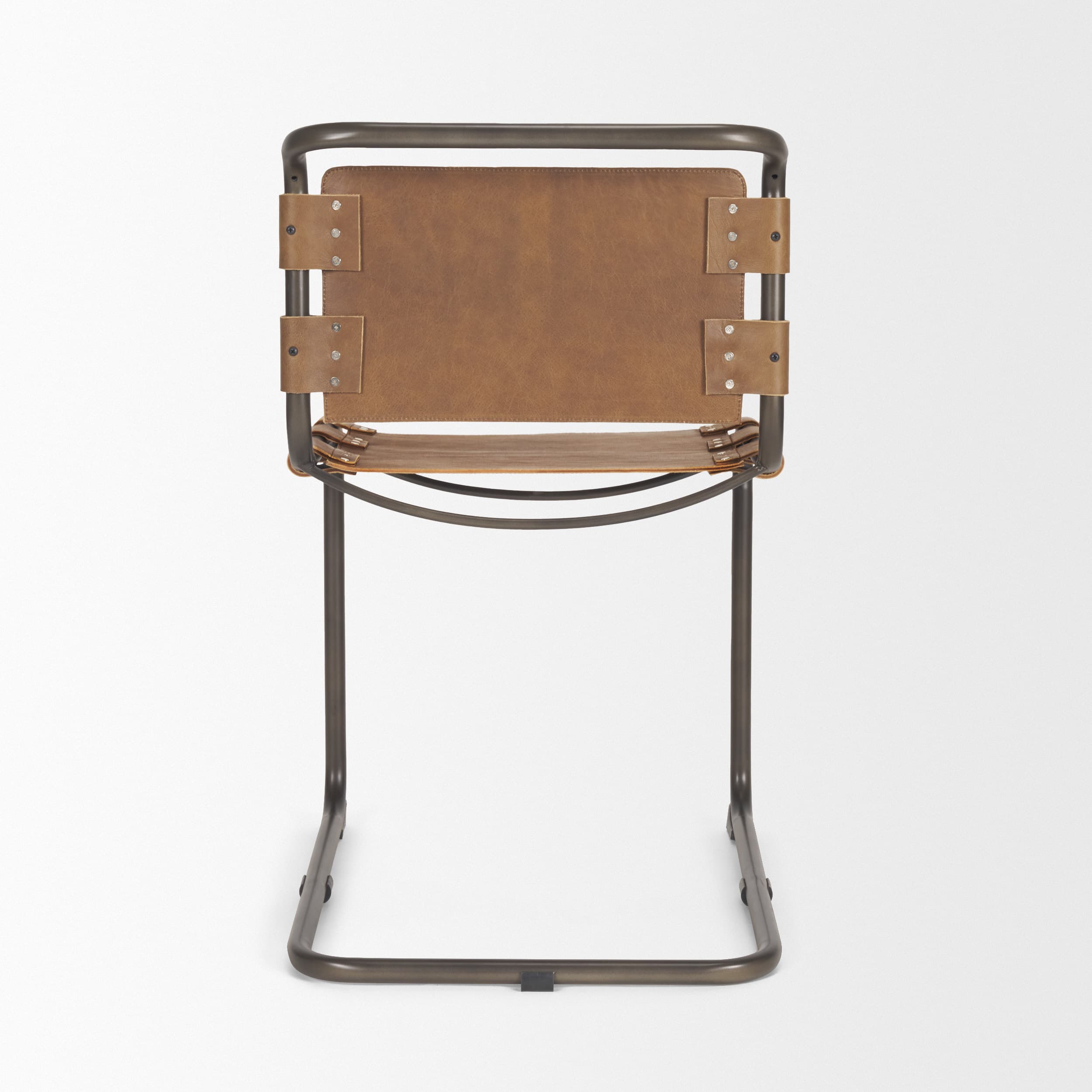 Berbick Open Back Dining Side Chair | Medium Brown Leather w/ Iron — product photograph
