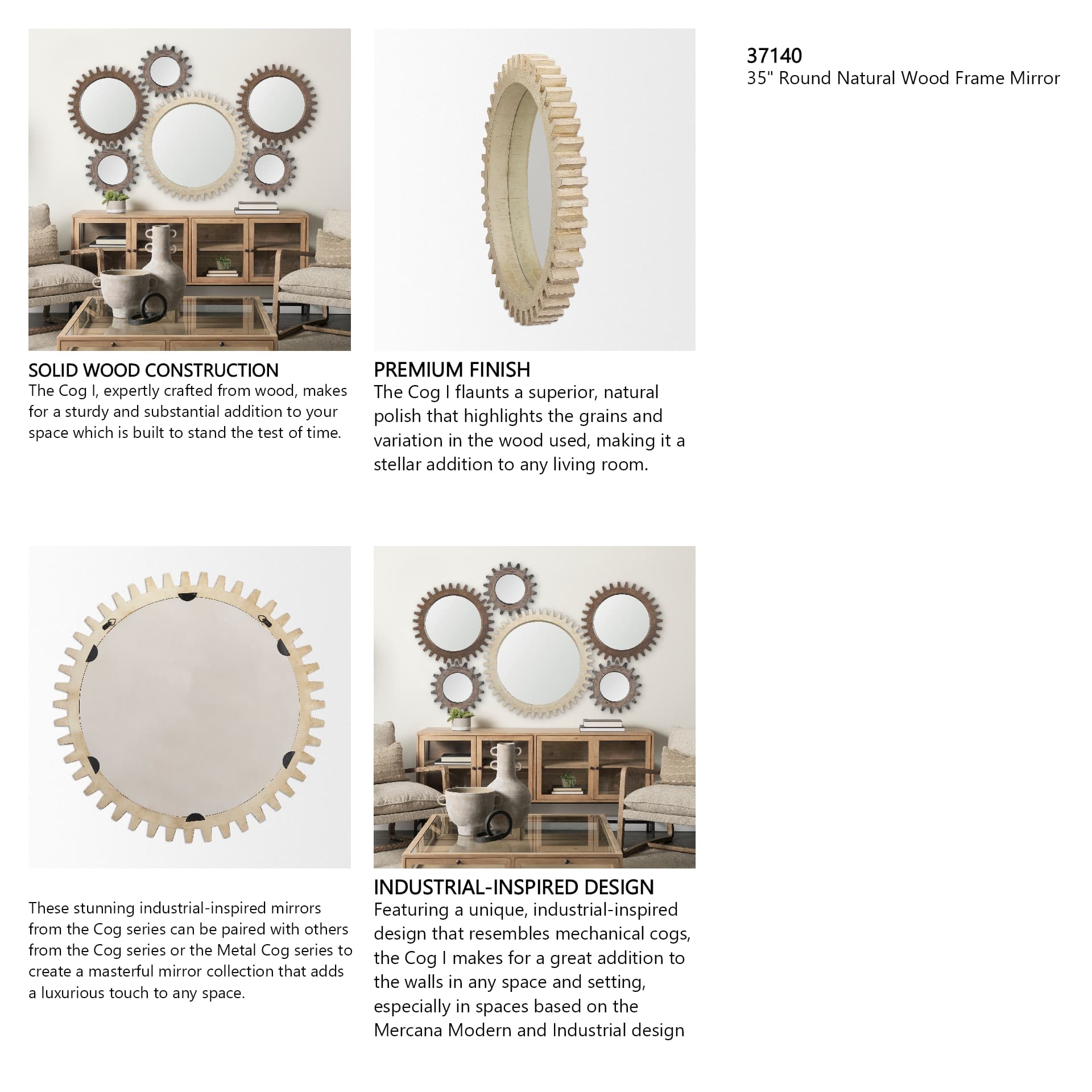 Cog Mirror 35" Round Natural Wood Frame Mirror — in a styled room