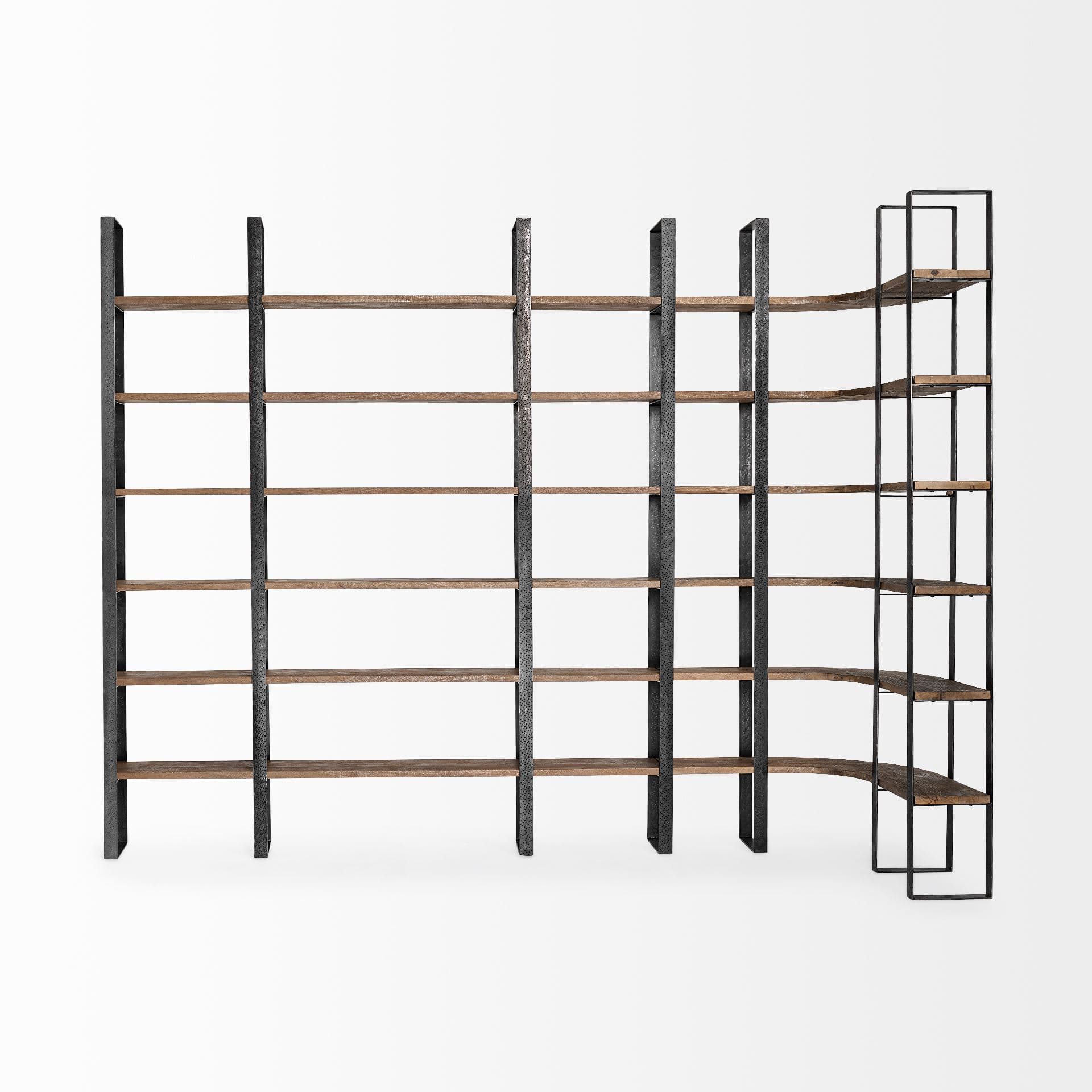 Turner II 37L x 10.5W x 90H Curved Dark Brown Wood And Black Iron Six Shelving Unit — product photograph