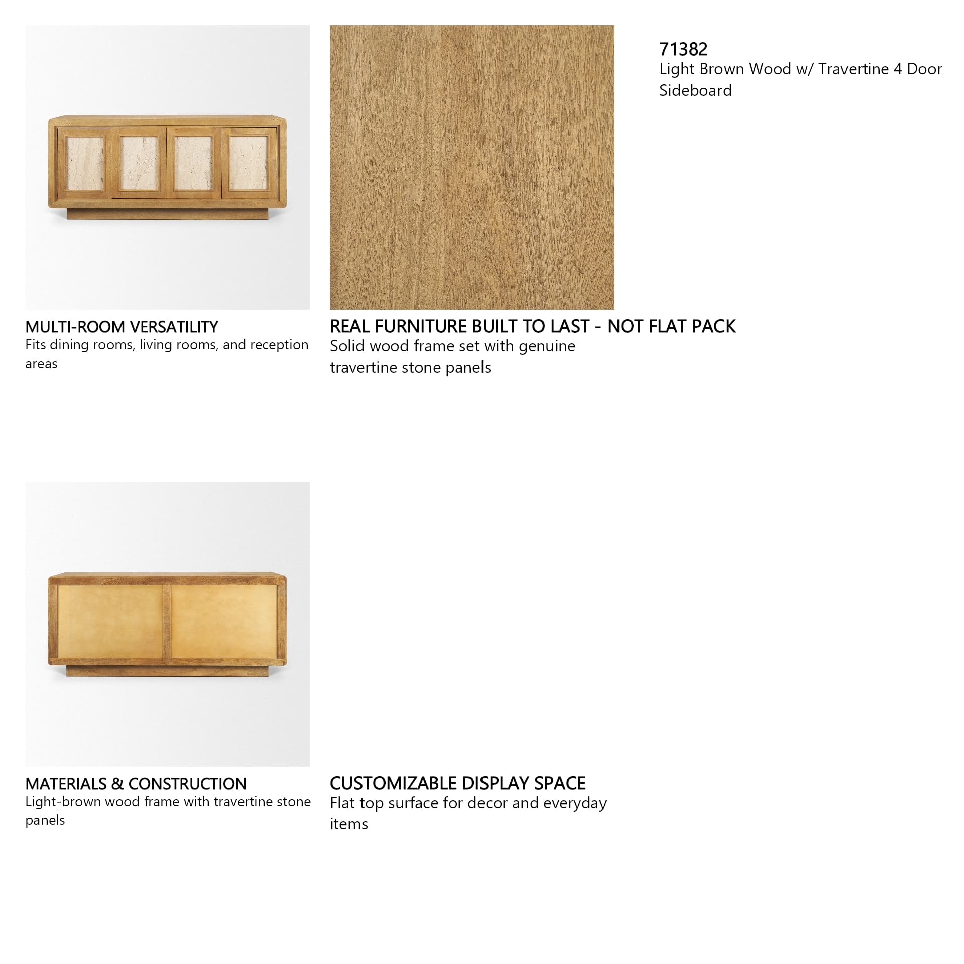 Valterra Light Brown Wood w/ Travertine 4 Door Sideboard — product photograph