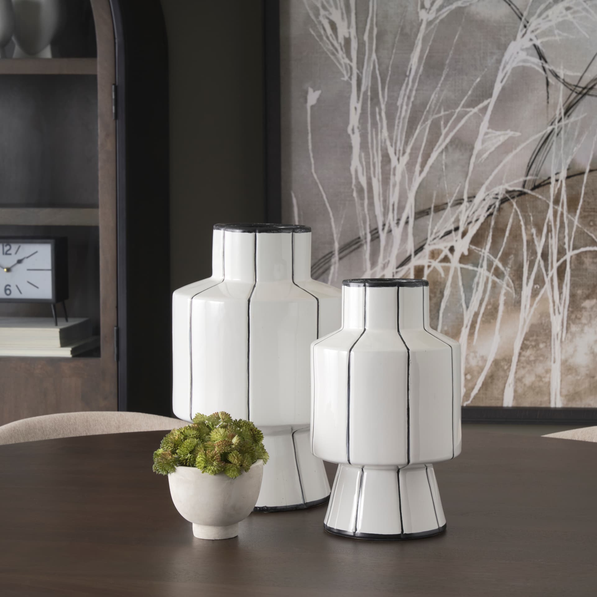 Dinah Large White w/ Black Stripes Ceramic Vase — in a styled room