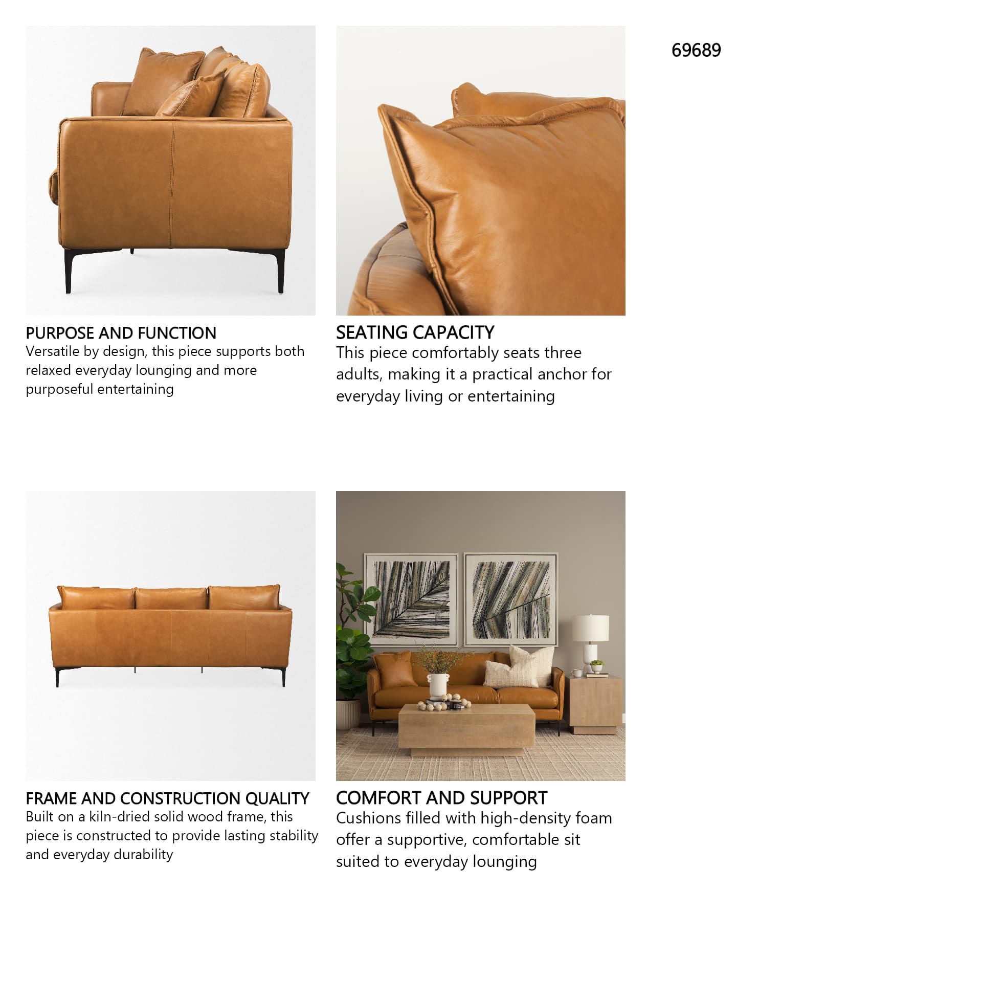 Lake Como 85.8W Tan Leather Three Seater Sofa — in a styled room