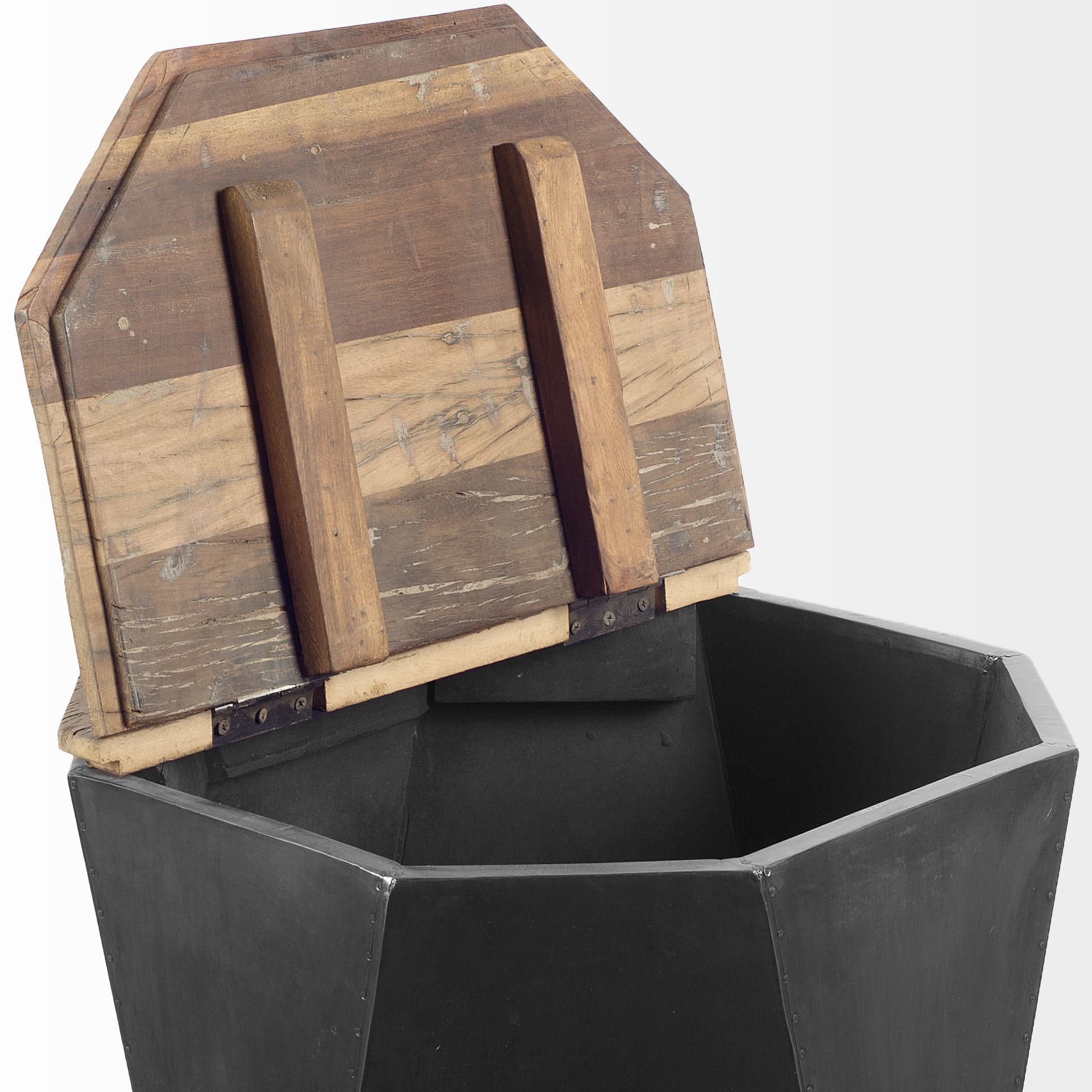Esagono Octagonal Black Metal-Clad Reclaimed Wood End/Side Table w/ Storage — product photograph