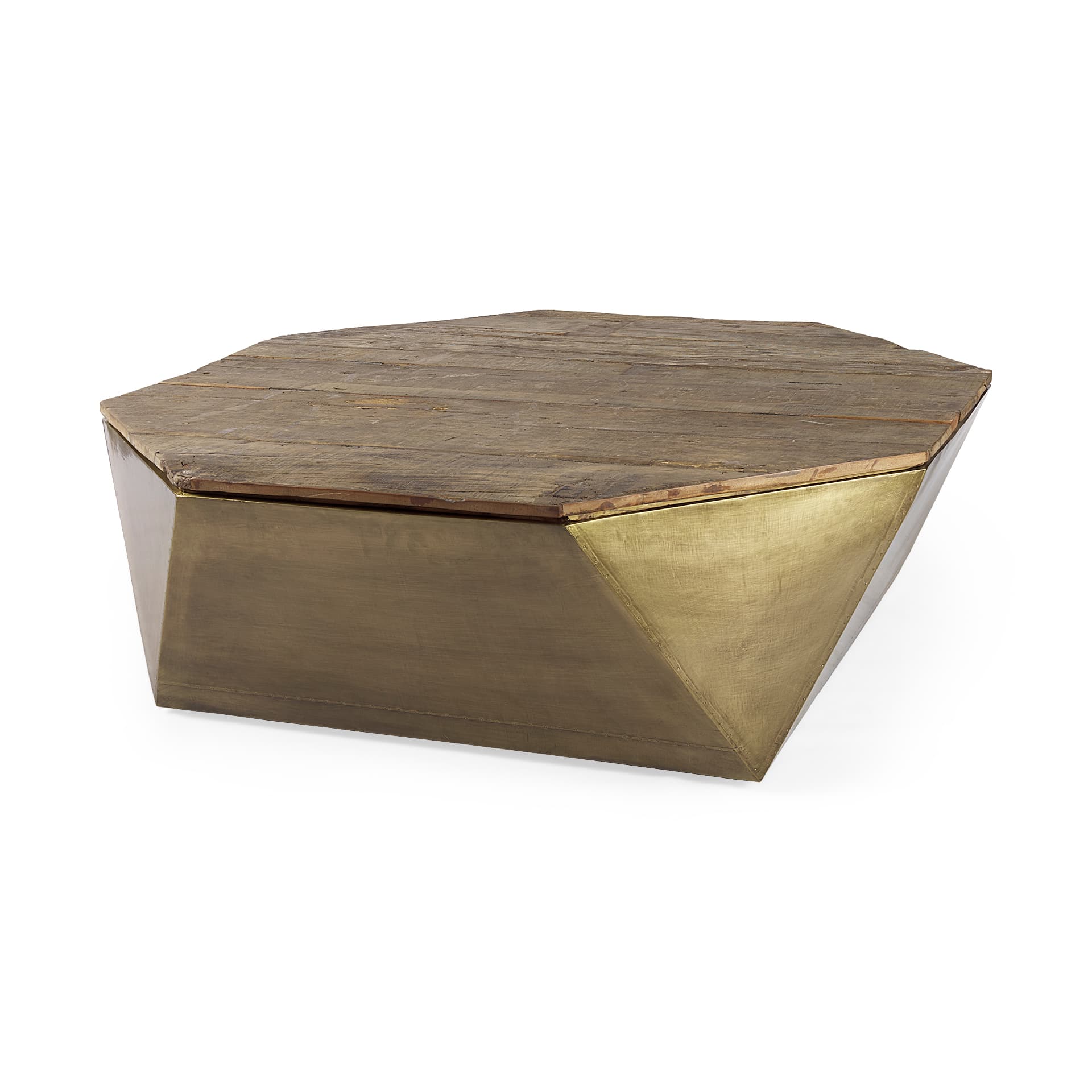 Esagono Octagonal Gold Metal-Clad Reclaimed Wood Coffee Table w/ Storage — product photograph