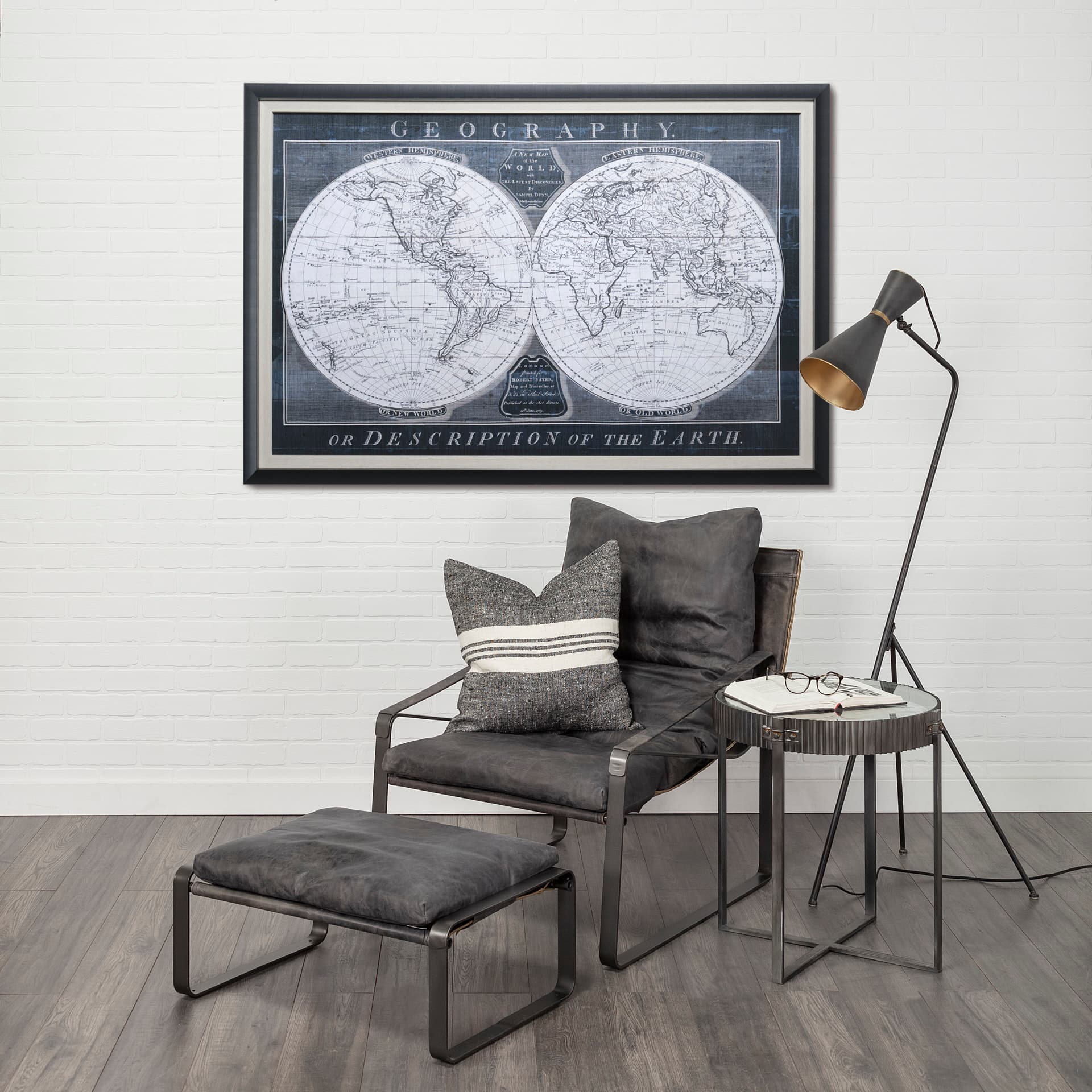Old World Globe by Mercana Studio a Hand Embellished Textured Framed Art Print Matted under Glass — in a styled room