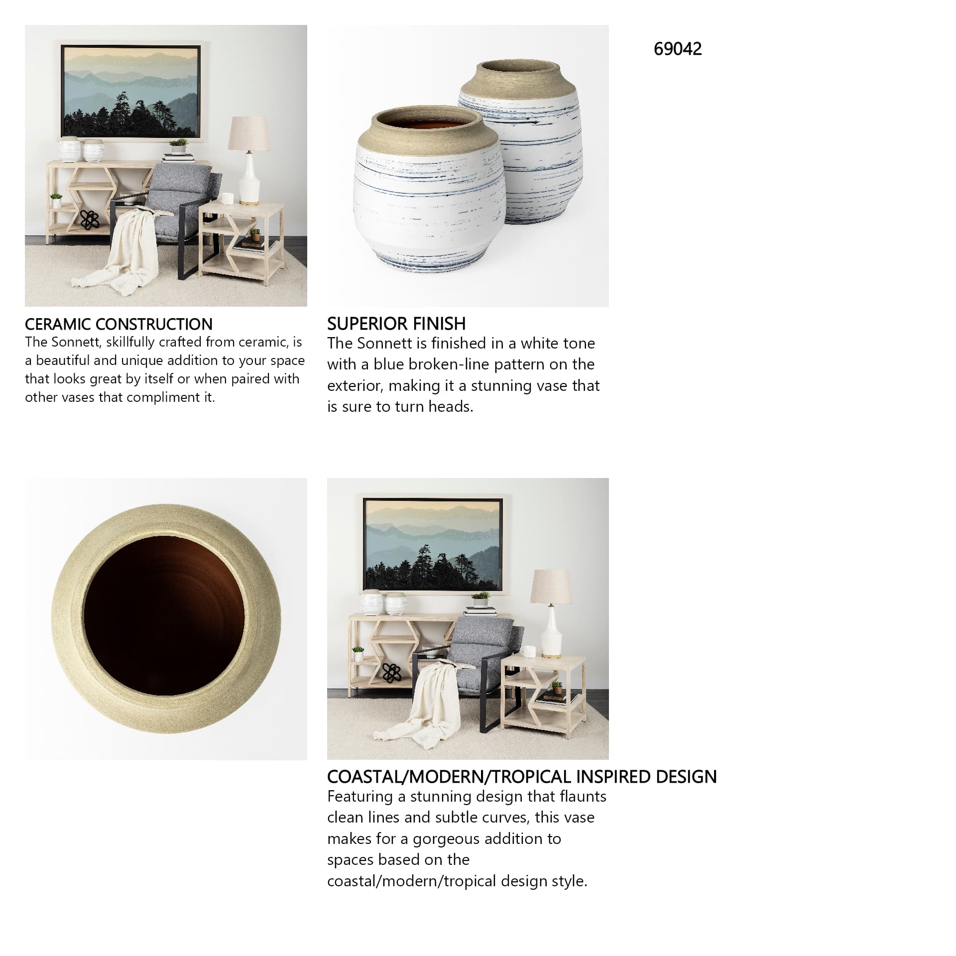 Sonnett Tall White/Blue Ceramic Vase — in a styled room