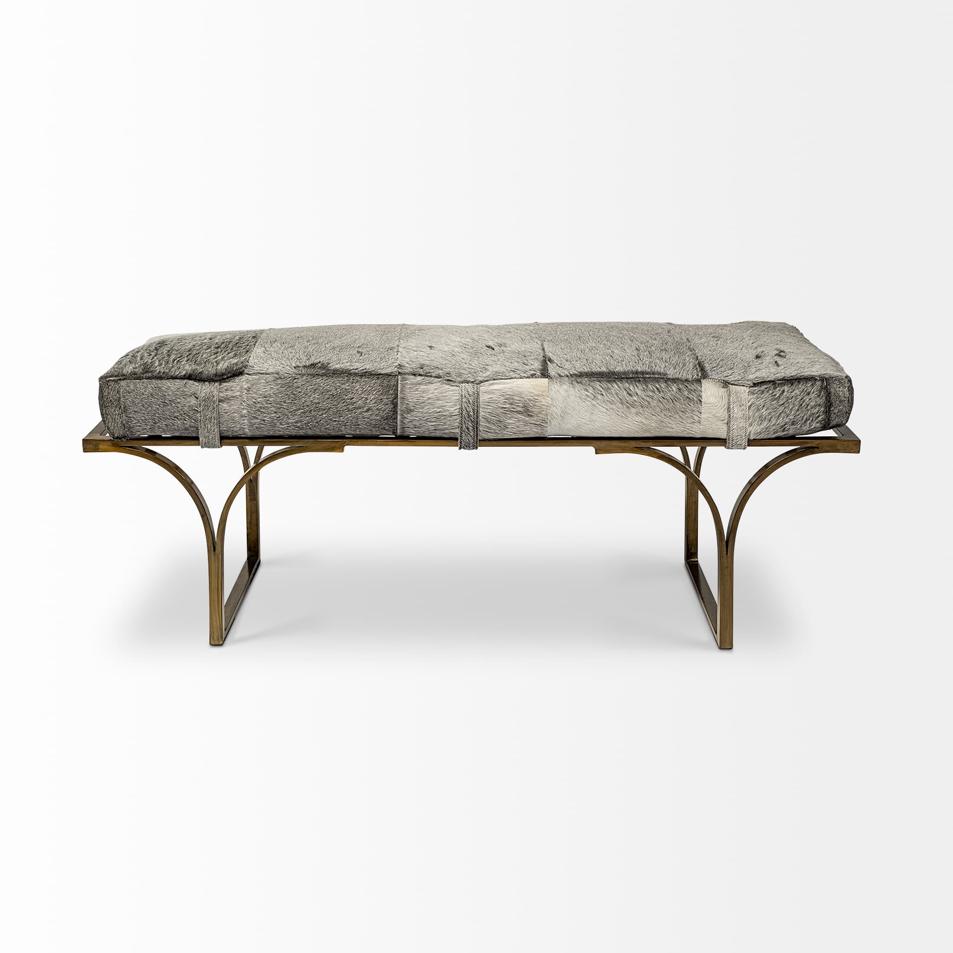 Jessie 55L x 16W White/Gray Hair-On-Hide Seat W/Gold Metal Base Accent Bench — product photograph