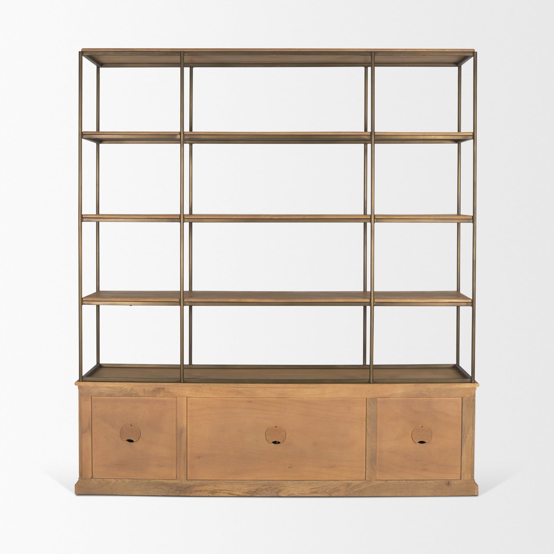 Baron 4-Door Light Brown Wood w/ Gunmetal Open Shelving Unit — product photograph