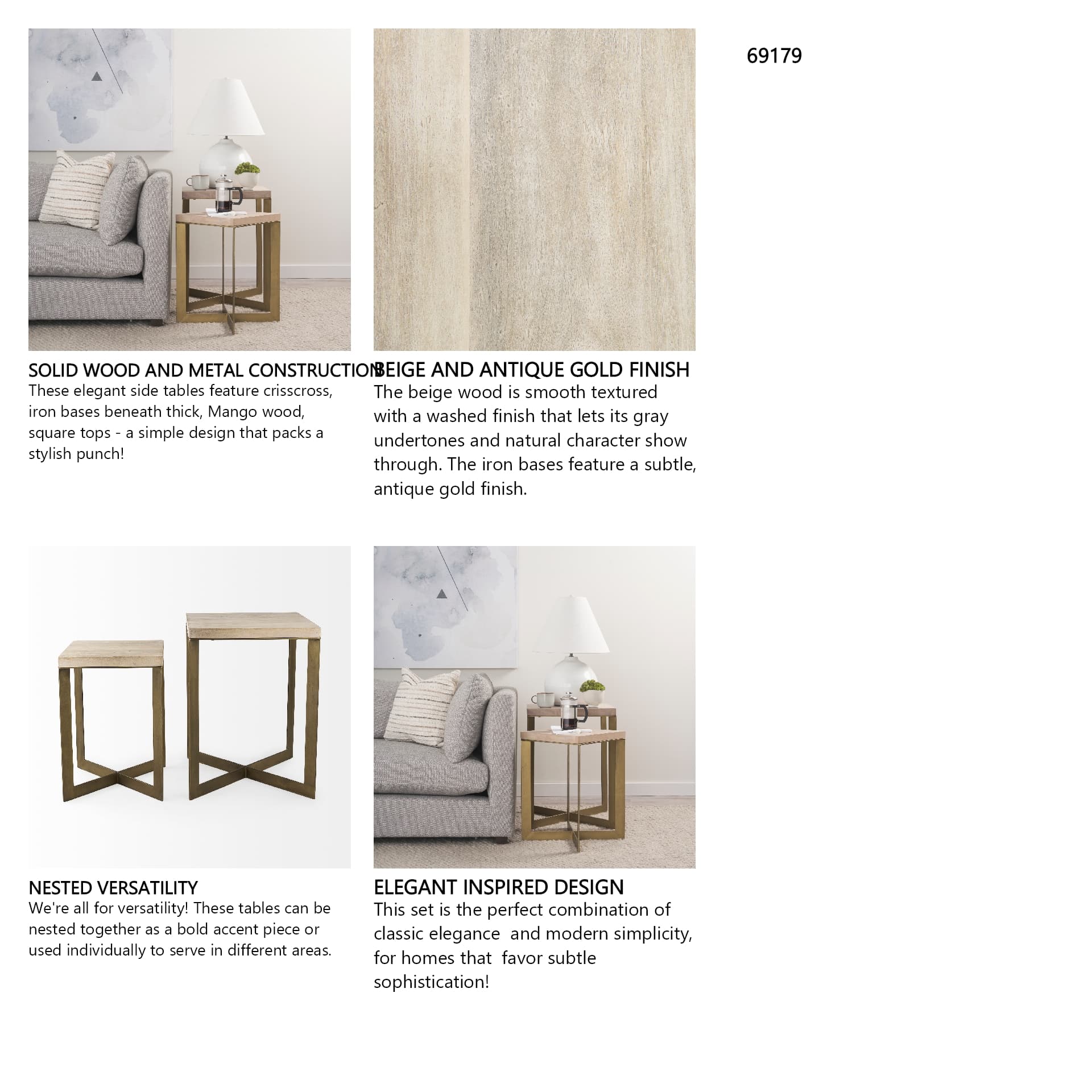 Faye (Set of 2) 19L x 19W x 26H Beige Finished Wood W/ Gold Metal Base Accent Tables — in a styled room