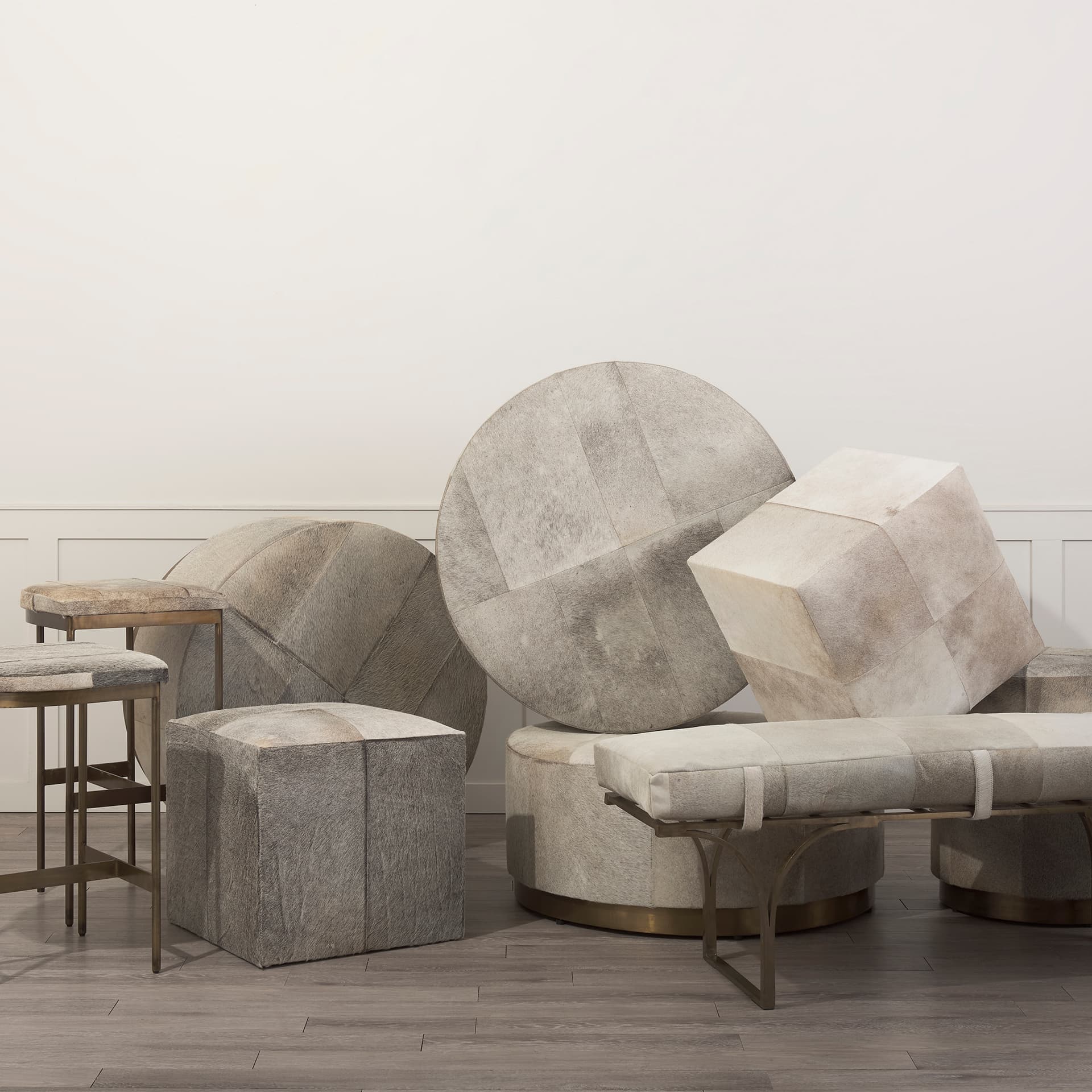 Jessie 55L x 16W White/Gray Hair-On-Hide Seat W/Gold Metal Base Accent Bench — product photograph
