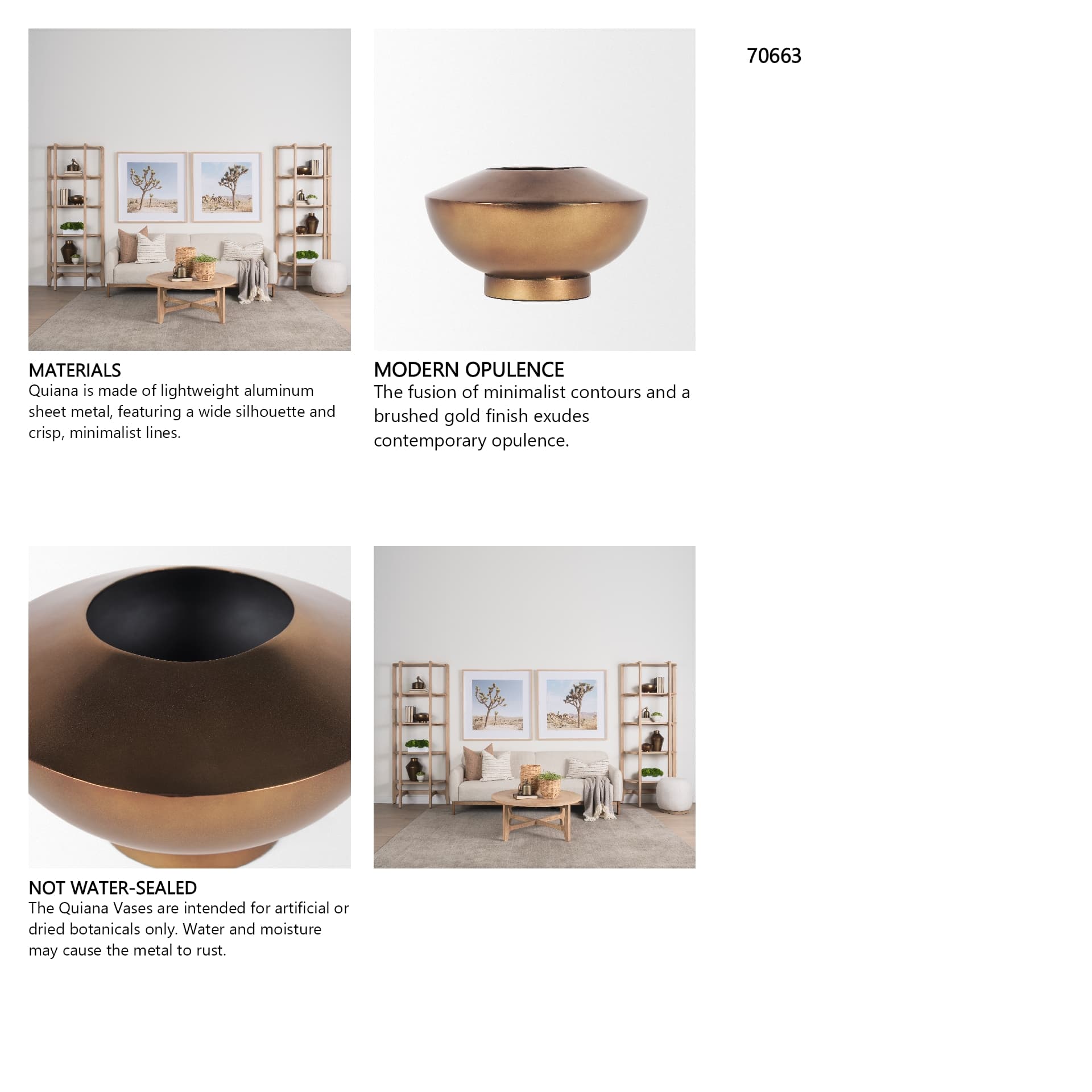 Quiana Medium Textured Gold Metal Vase — in a styled room