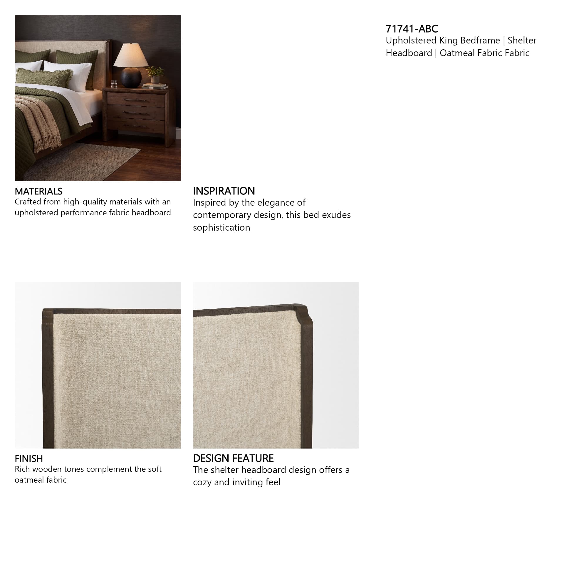Holden King Upholstered Bedframe | Shelter Headboard | Oatmeal Performance Fabric — product photograph