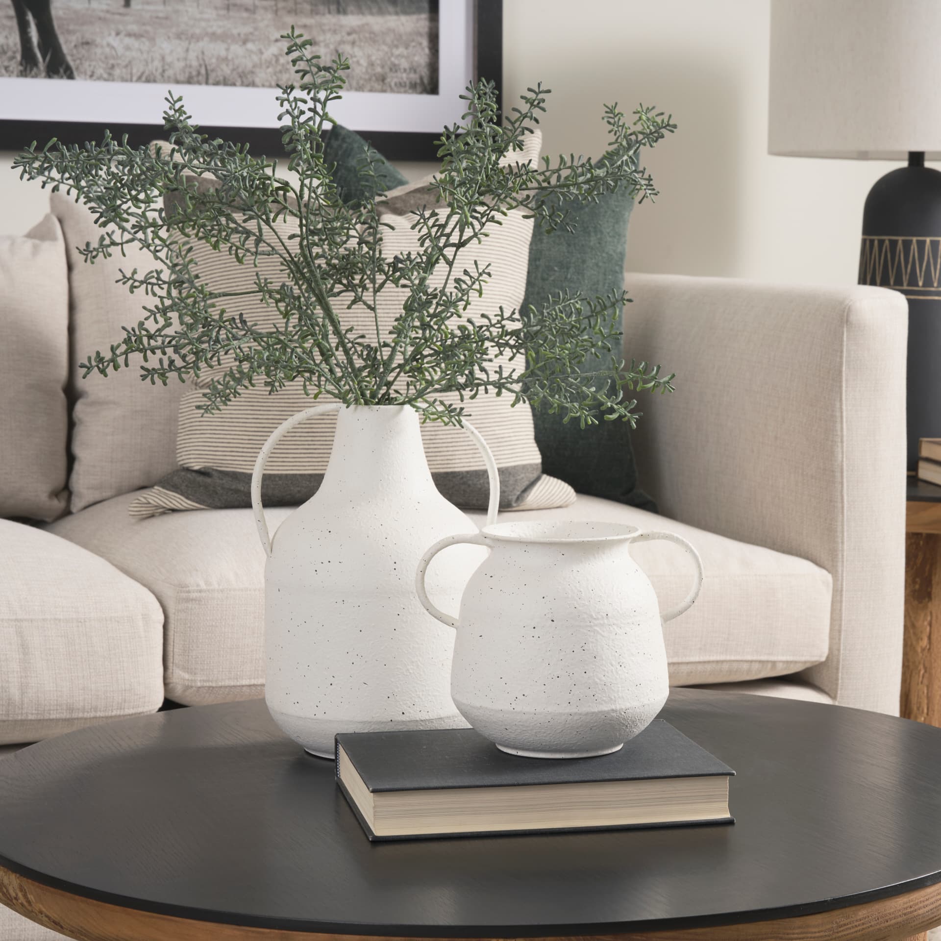 Treva Tall White w/ Black Speckles Metal Vase — product photograph