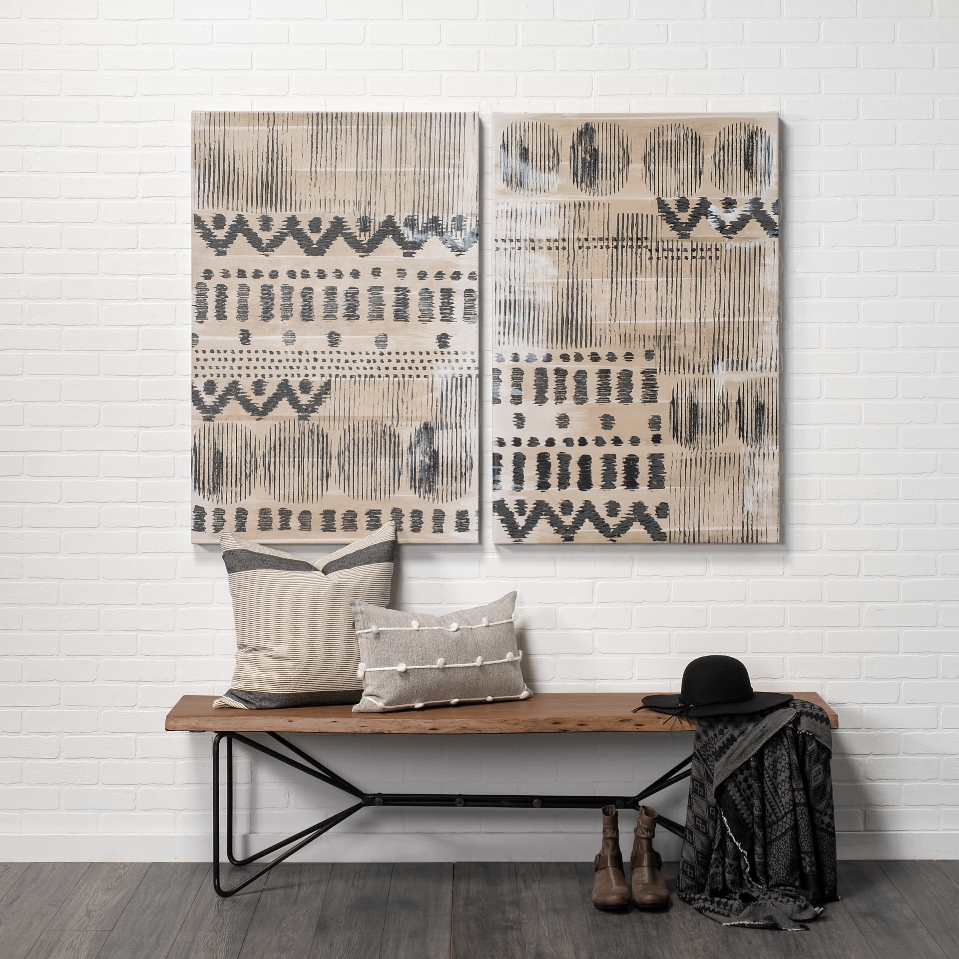 Papillion III 66x18 Natural Solid Wood and Iron Dining Bench — in a styled room