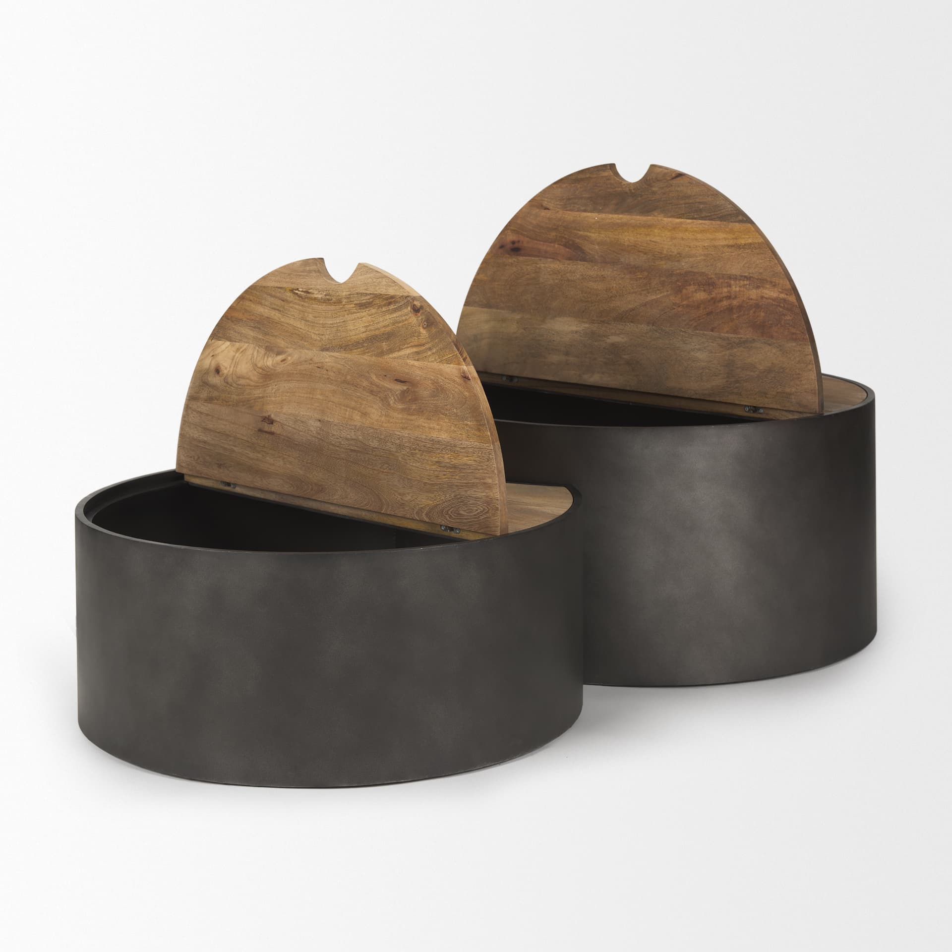 Eclipse Gunmetal Gray Drum Base w/ Brown Wood Top Nested Coffee Table — product photograph
