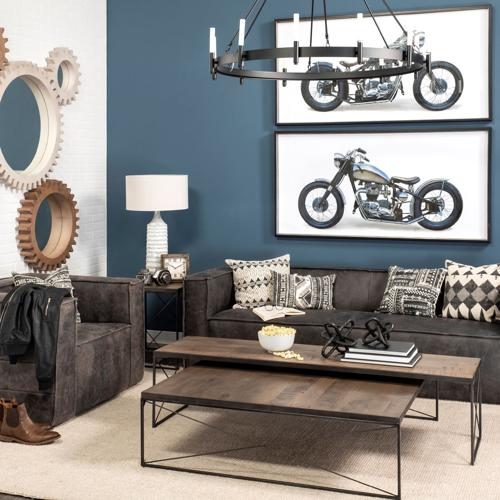 Decamp I (47.2"x36.2") Black Metal Chassis Glass Tube Twelve Light Chandelier — in a styled room
