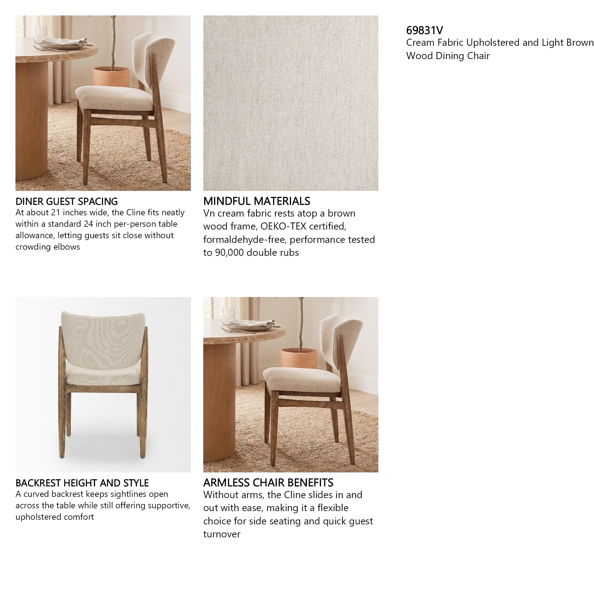Cline Curved Back Dining Side Chair | Cream Fabric w/ Brown Wood — in a styled room