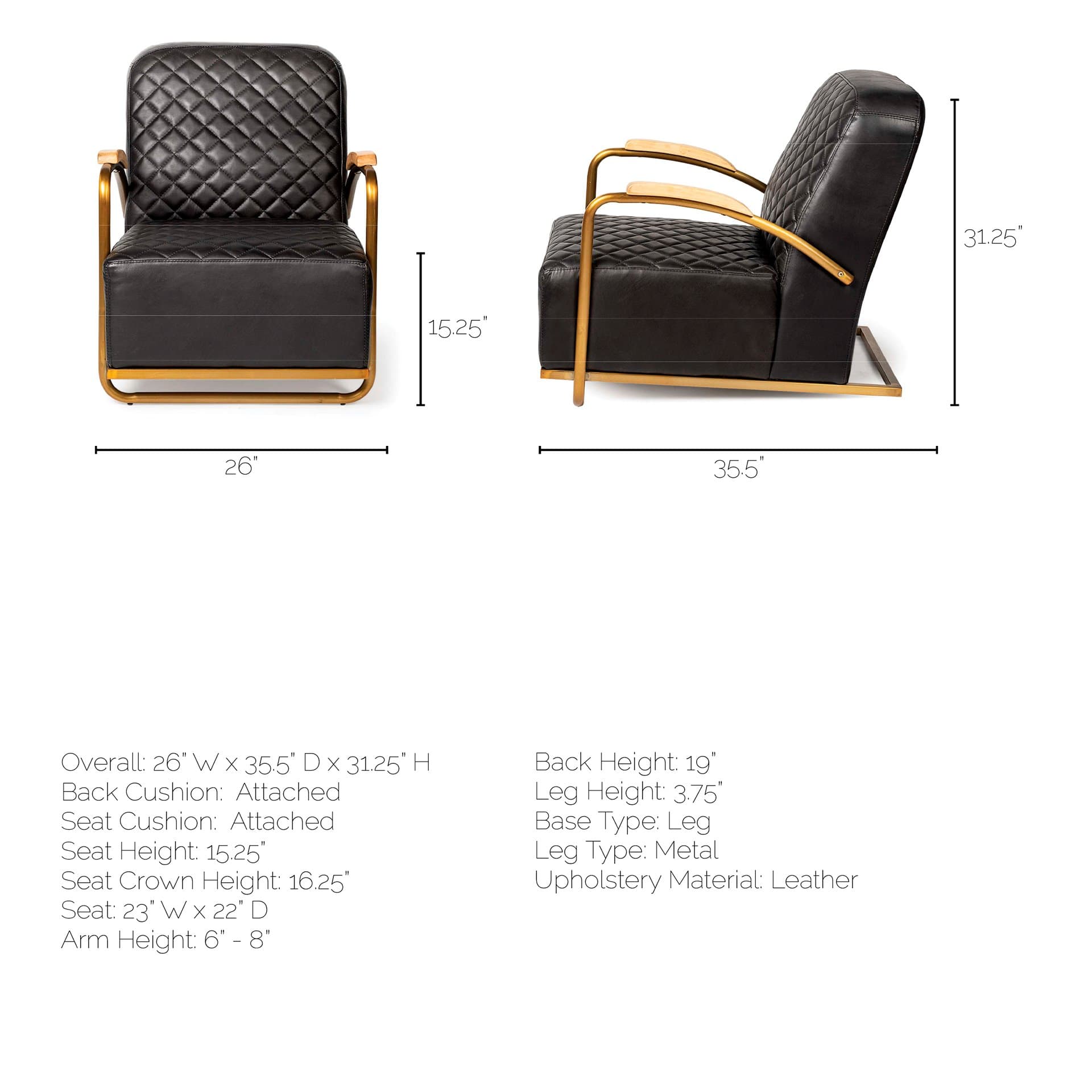 Horace I Black Leather Diamond Pattern w/Gold Iron Frame Accent Chair — product photograph