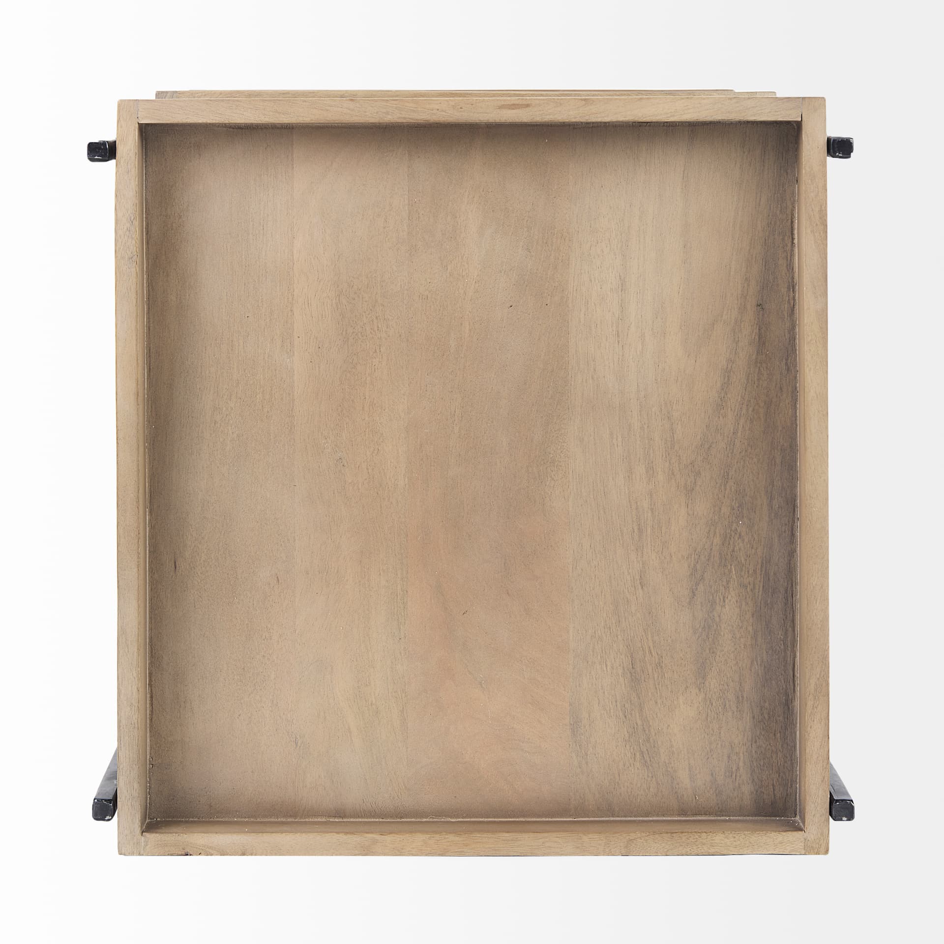 Trey III 20" x 26" Square Medium Brown Wooden Three-Tiered Black Iron Frame End/Side Table — product photograph