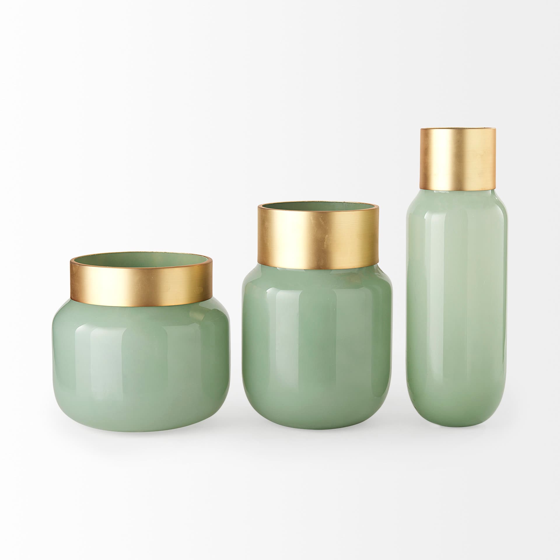 Minty 9.9L x 9.9W x 9.6H Green Glass Vase W/Matte Gold Metal Neck Cuff — product photograph
