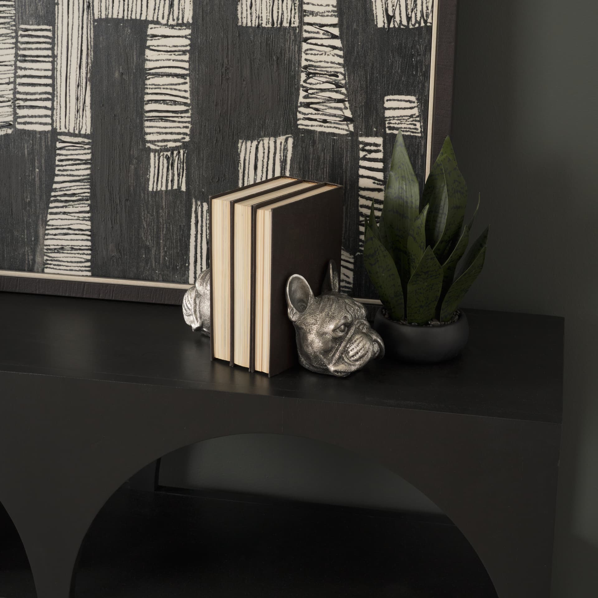 Bruno (Set of 2) 5L x 5W Silver American Bulldog Bookends — in a styled room