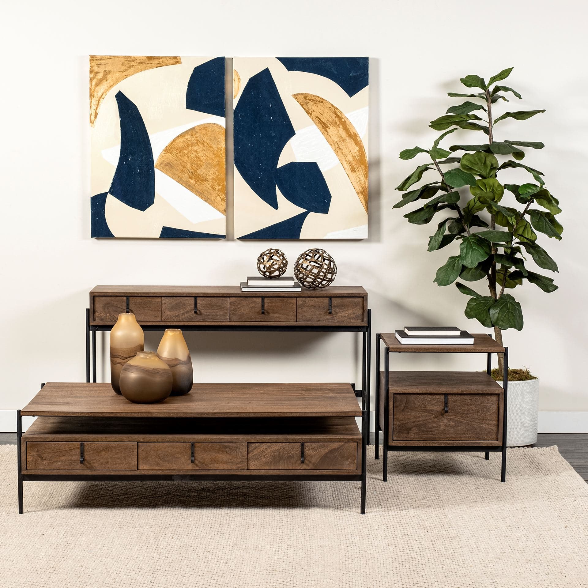 Glenn II 54x30 Dark Brown Wood w/ Black Iron Frame, Rectangle 3 Drawers Coffee Table — in a styled room