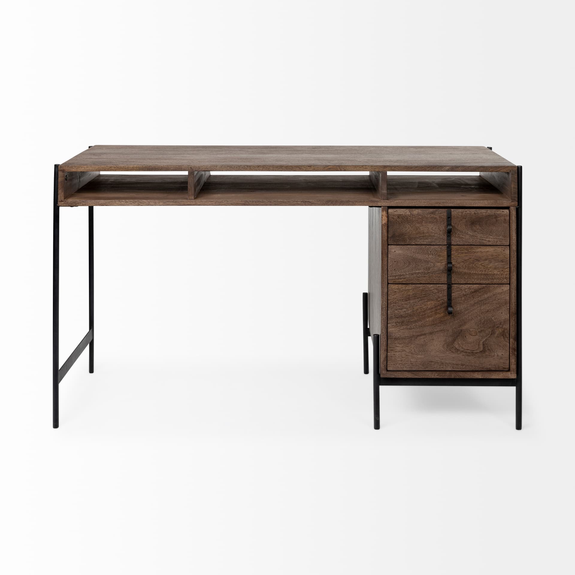 Glenn VII 56L x 22W Dark Brown Wood w/ Black Iron Frame, 3 Drawer Office Desk — product photograph