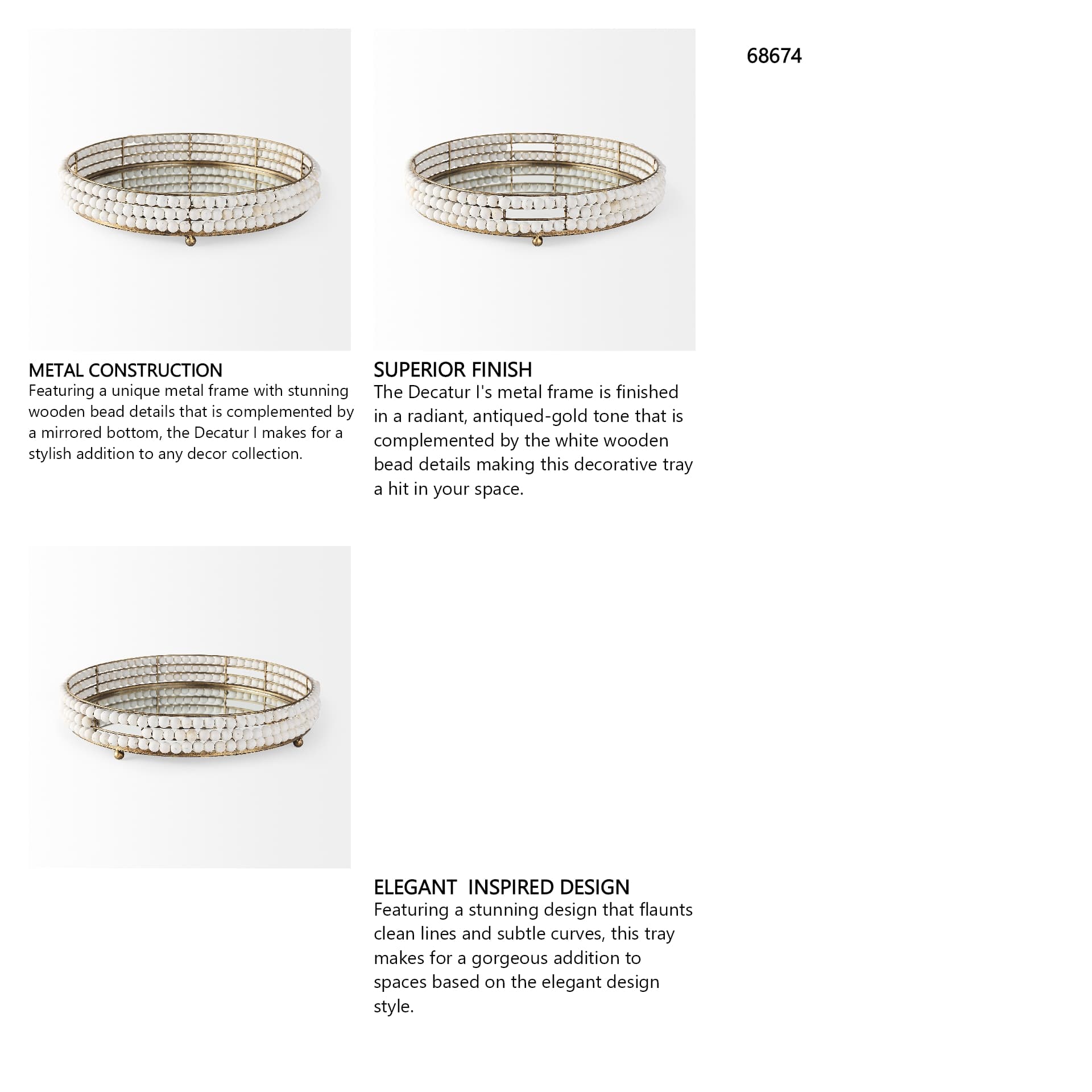 Decatur I 21L x 21W White Wooden Bead Mirrored Bottom Round Tray — in a styled room