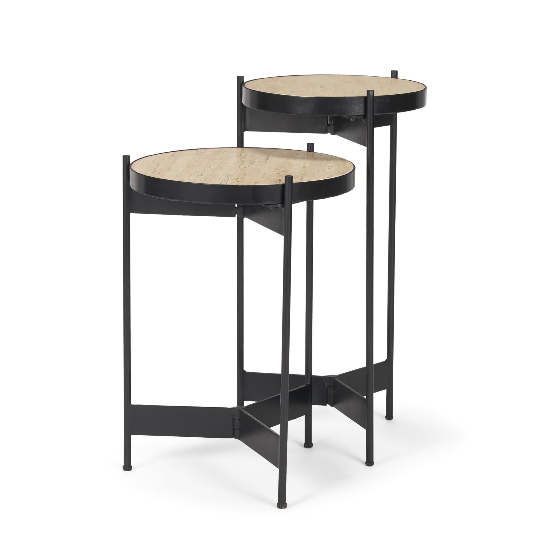 Wade Travertine Marble w/ Matte Black Metal End Tables — product photograph
