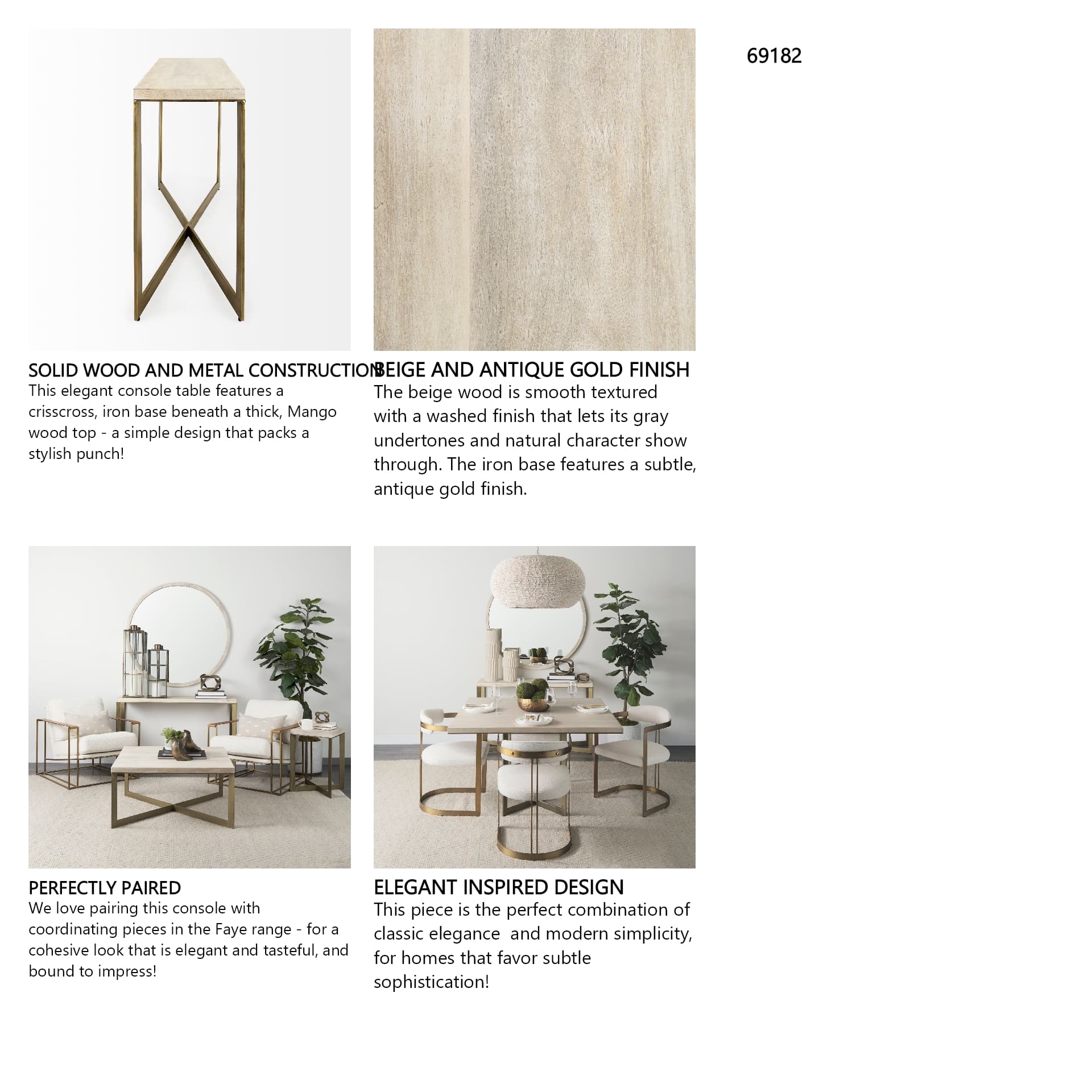 Faye 50L x 15W x 30H Beige Finished Wood W/Gold Metal Base Console Table — in a styled room