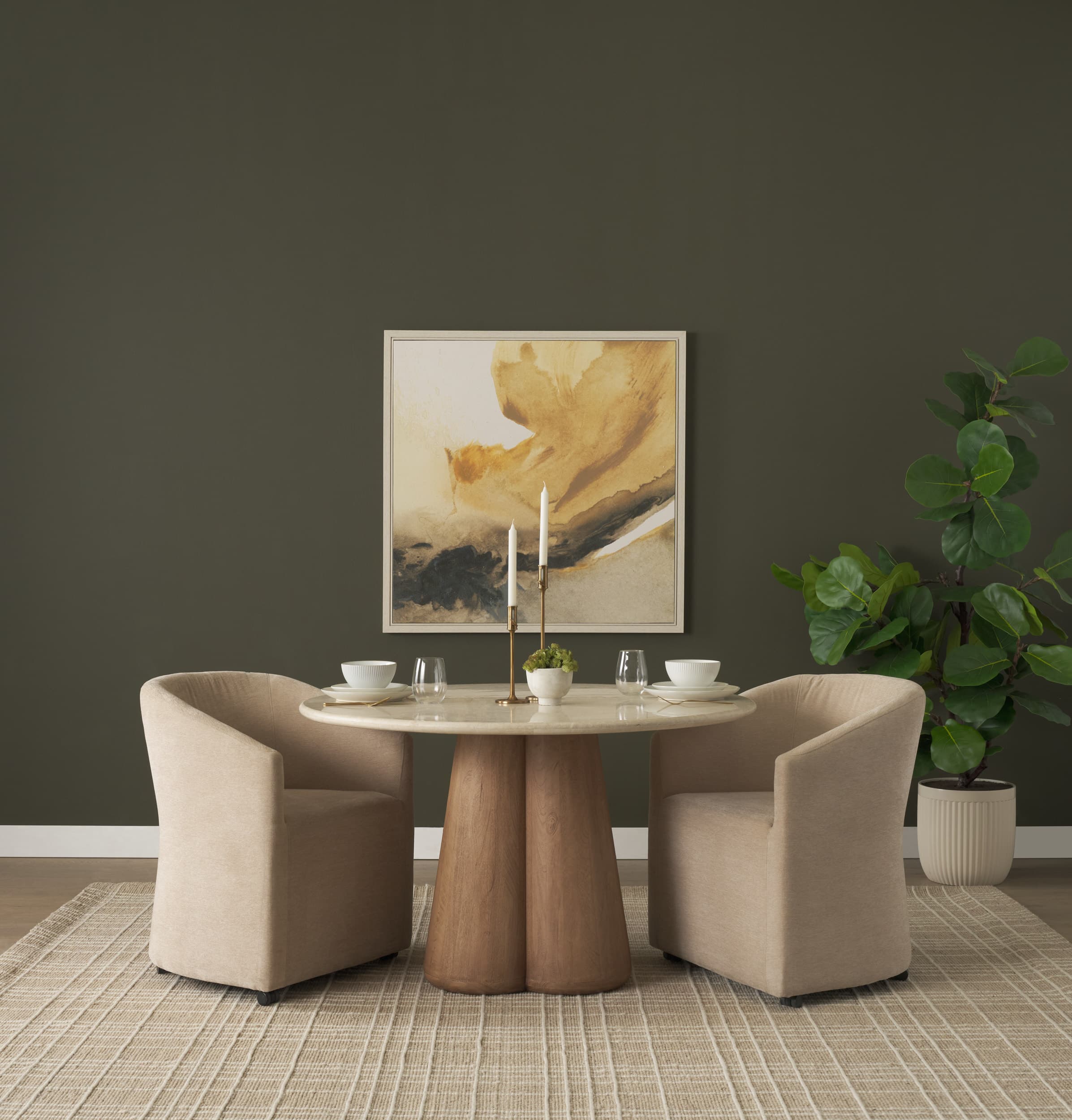 Sondra Barrel Back Dining Arm Chair | Beige Fabric w/ Wood — product photograph