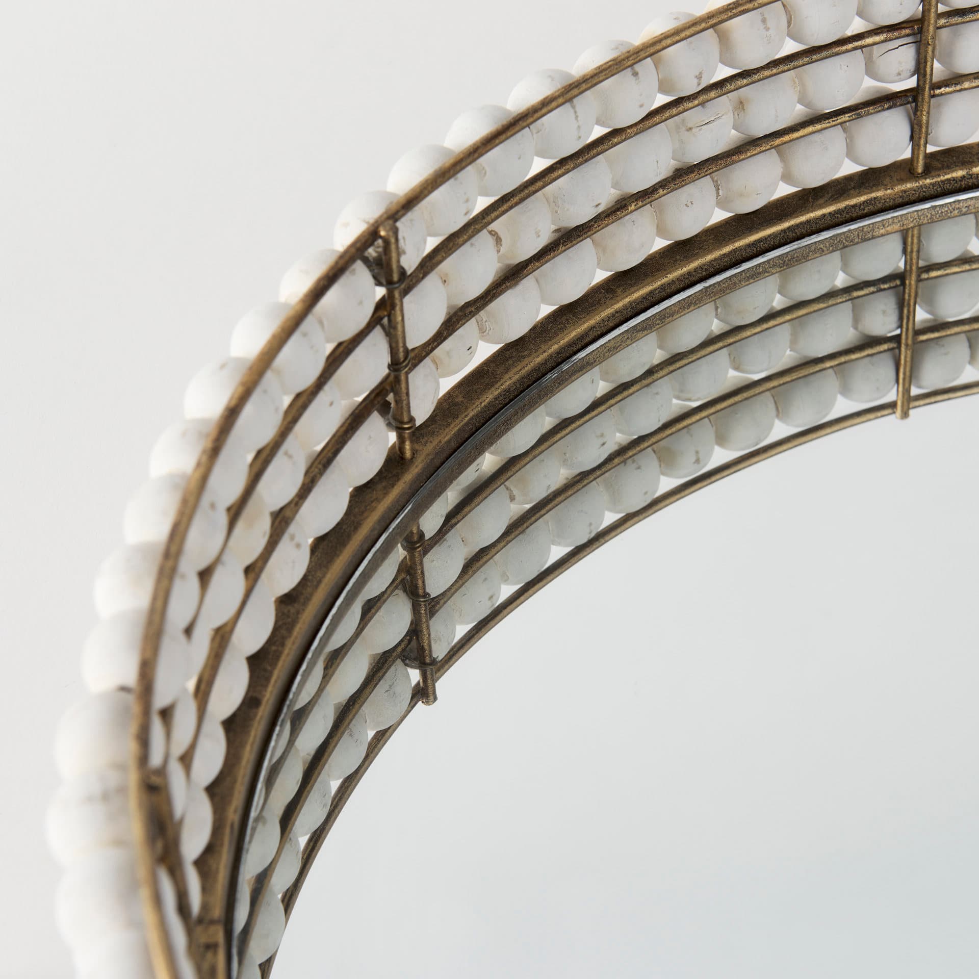 Decatur I 21L x 21W White Wooden Bead Mirrored Bottom Round Tray — product photograph