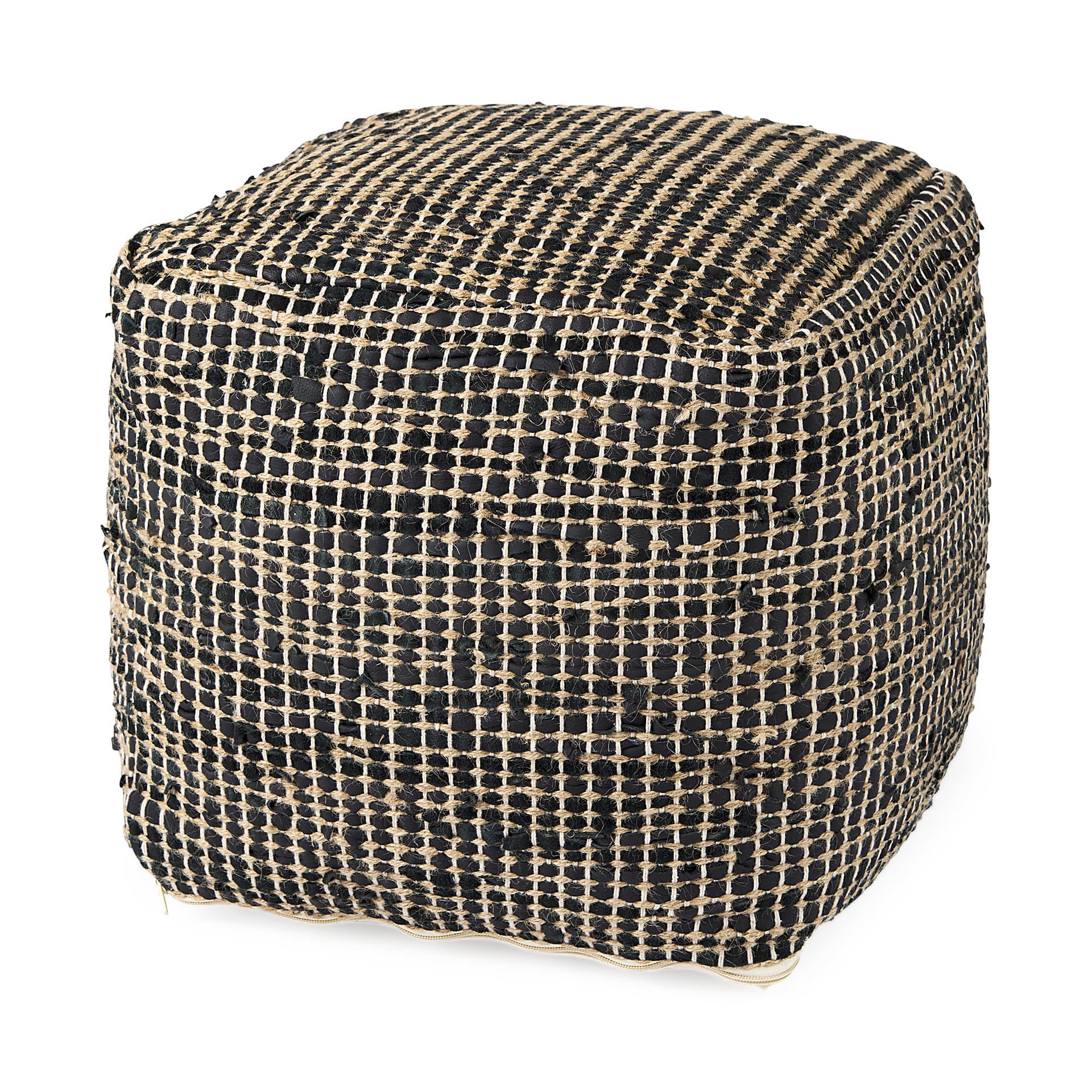 Aalia 16.0L x 16.0W x 16.0H Charcoal Leather and Jute Pouf — product photograph