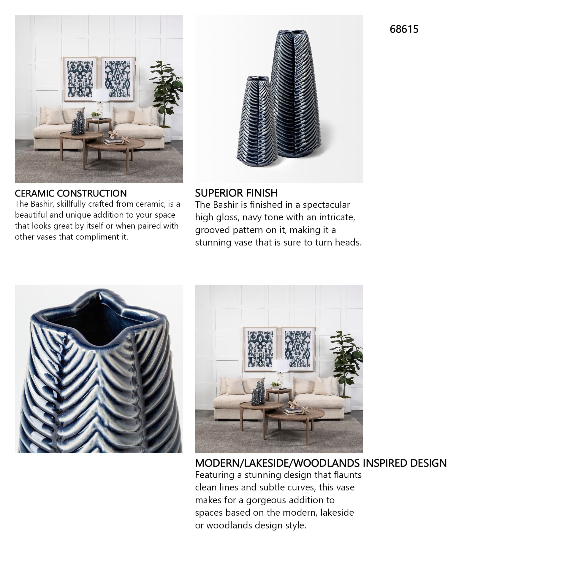 Bashir I Small Dark Navy Gloss Ceramic Vase — in a styled room