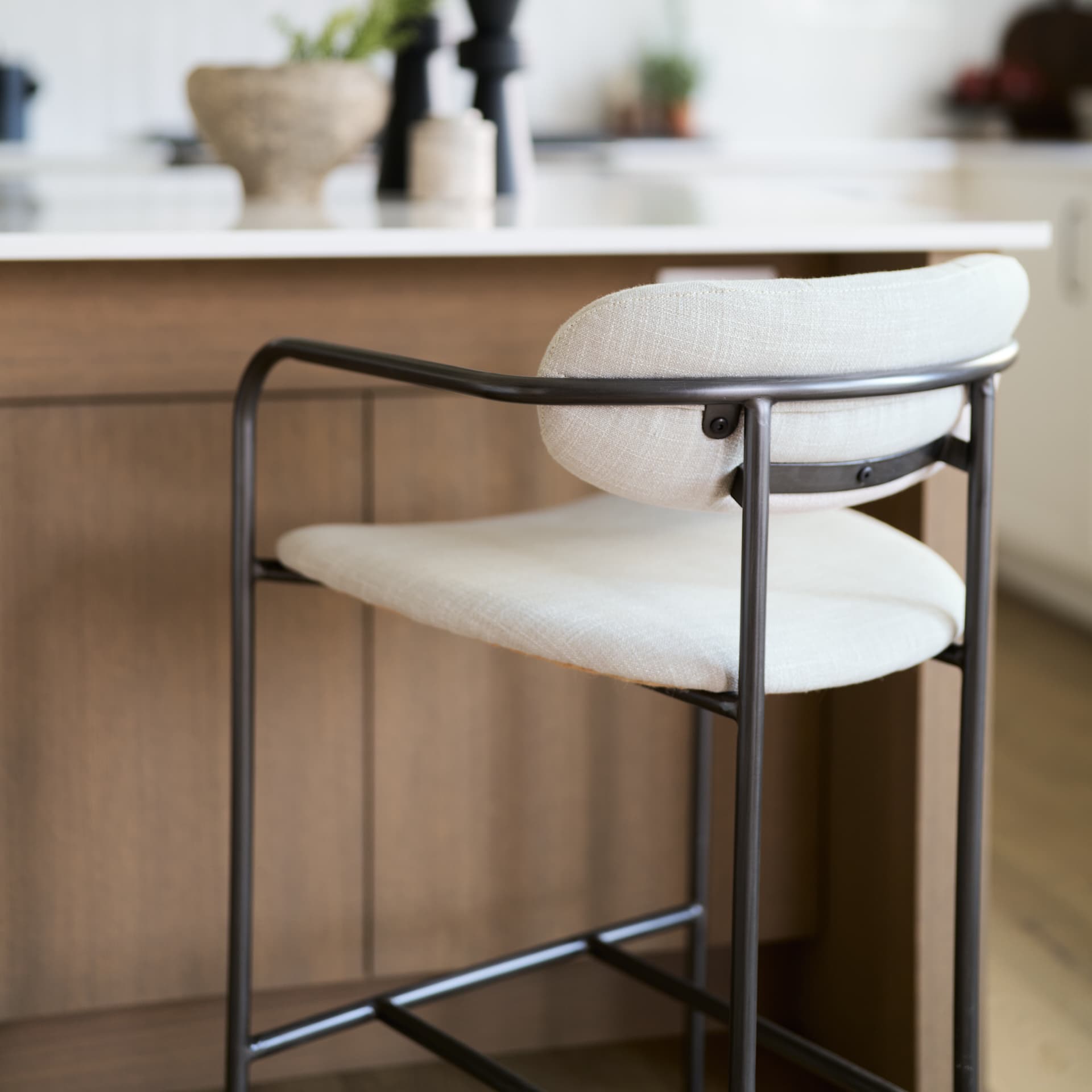 Parker Backless 36in Seat Counter Stool | Beige Fabric w/ Grey Metal — product photograph