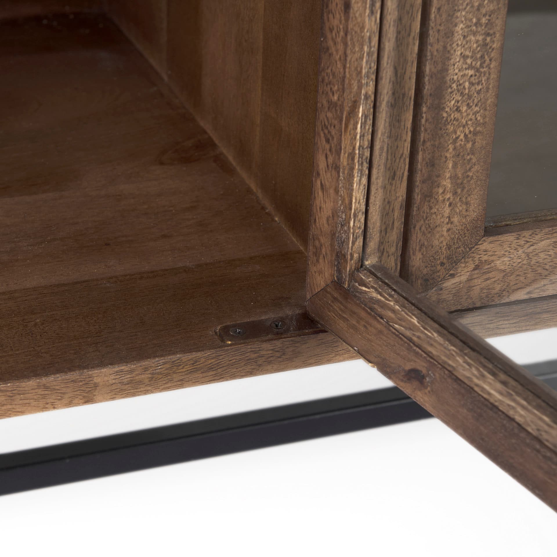 Arelius 70L x 18.75W x 32H Medium Brown, Black Metal Base w/ 4 Glass Door Cabinets Sideboard — product photograph
