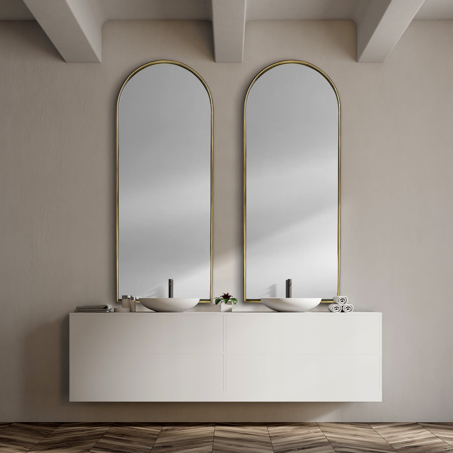 Agatha 28.0L x 2.0W x 70.0H Rounded Arch Gold Metal Frame Full Length Mirror — in a styled room