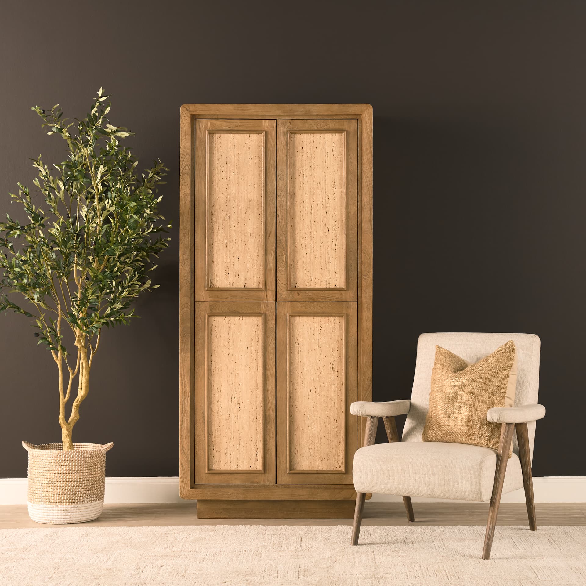 Valterra Light Brown Wood w/ Travertine 4 Door Tall Cabinet — in a styled room