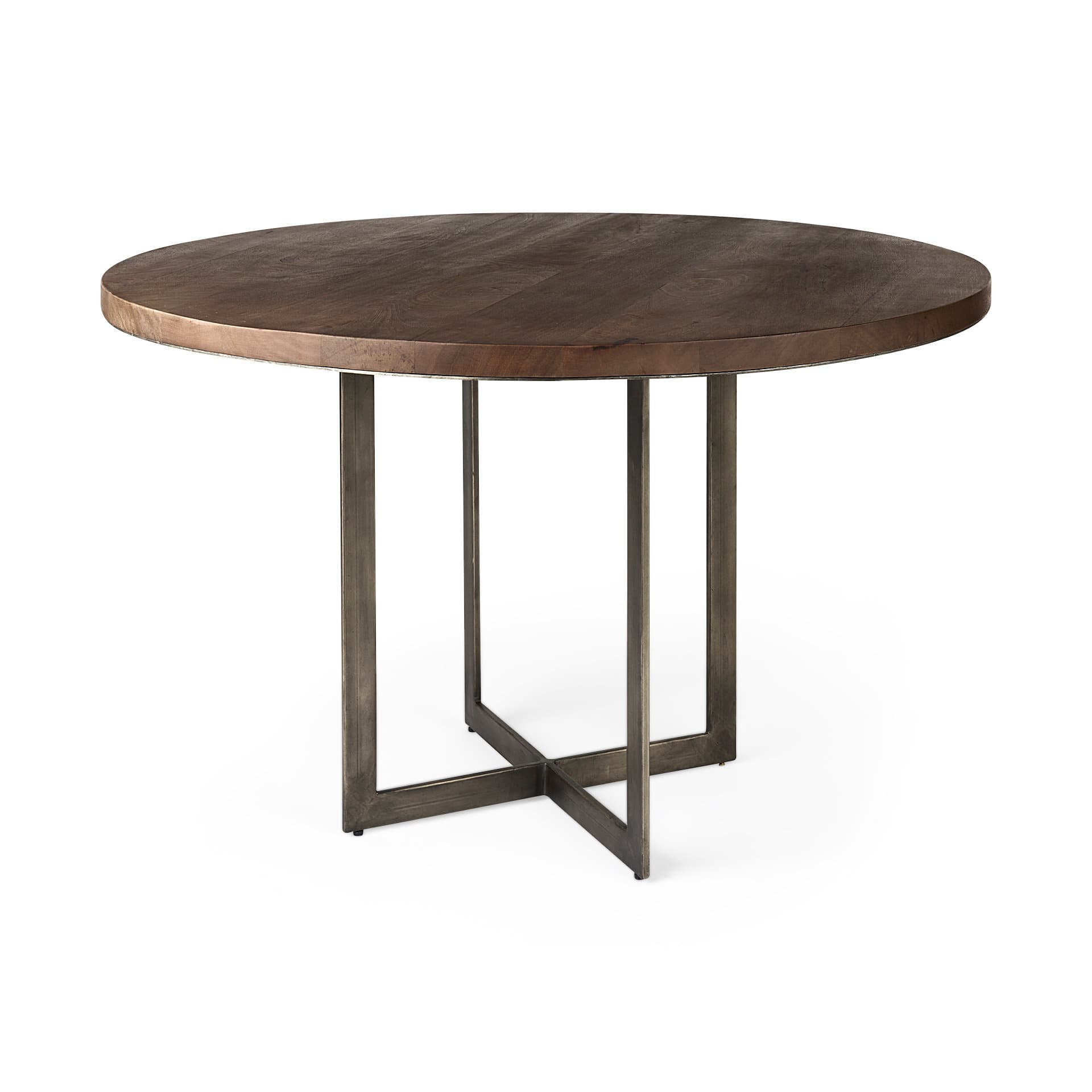 Faye 48" Round Dining Table | Med Brown Wood & Antique Nickel Metal | Seats 4 — product photograph