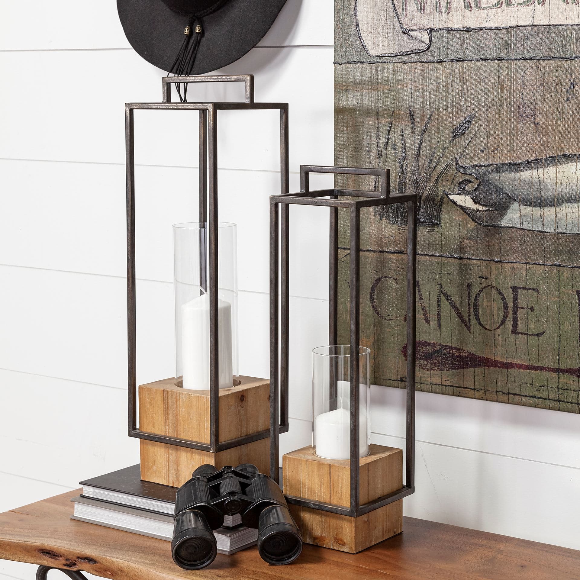 Orionis Large Wood w/ Black Metal Lantern Candle Holder — product photograph