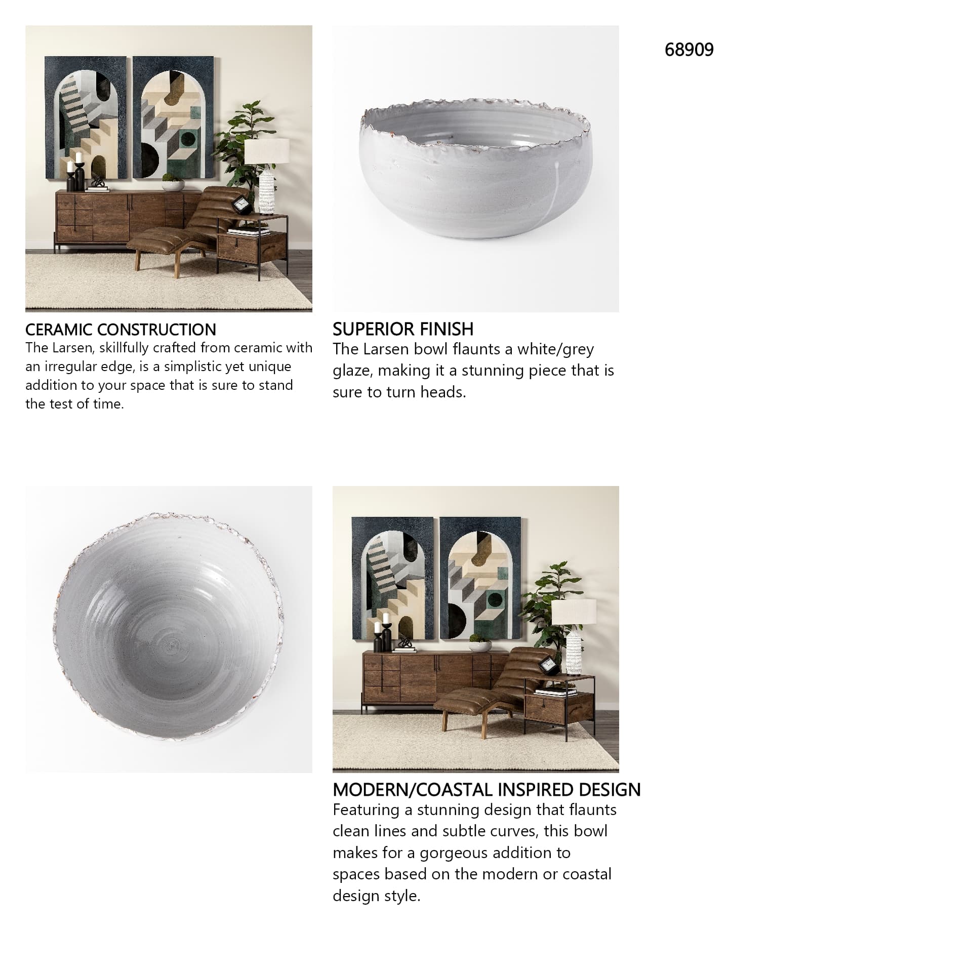 Larsen 13L x 13W White Ceramic Large Decorative Bowl — in a styled room