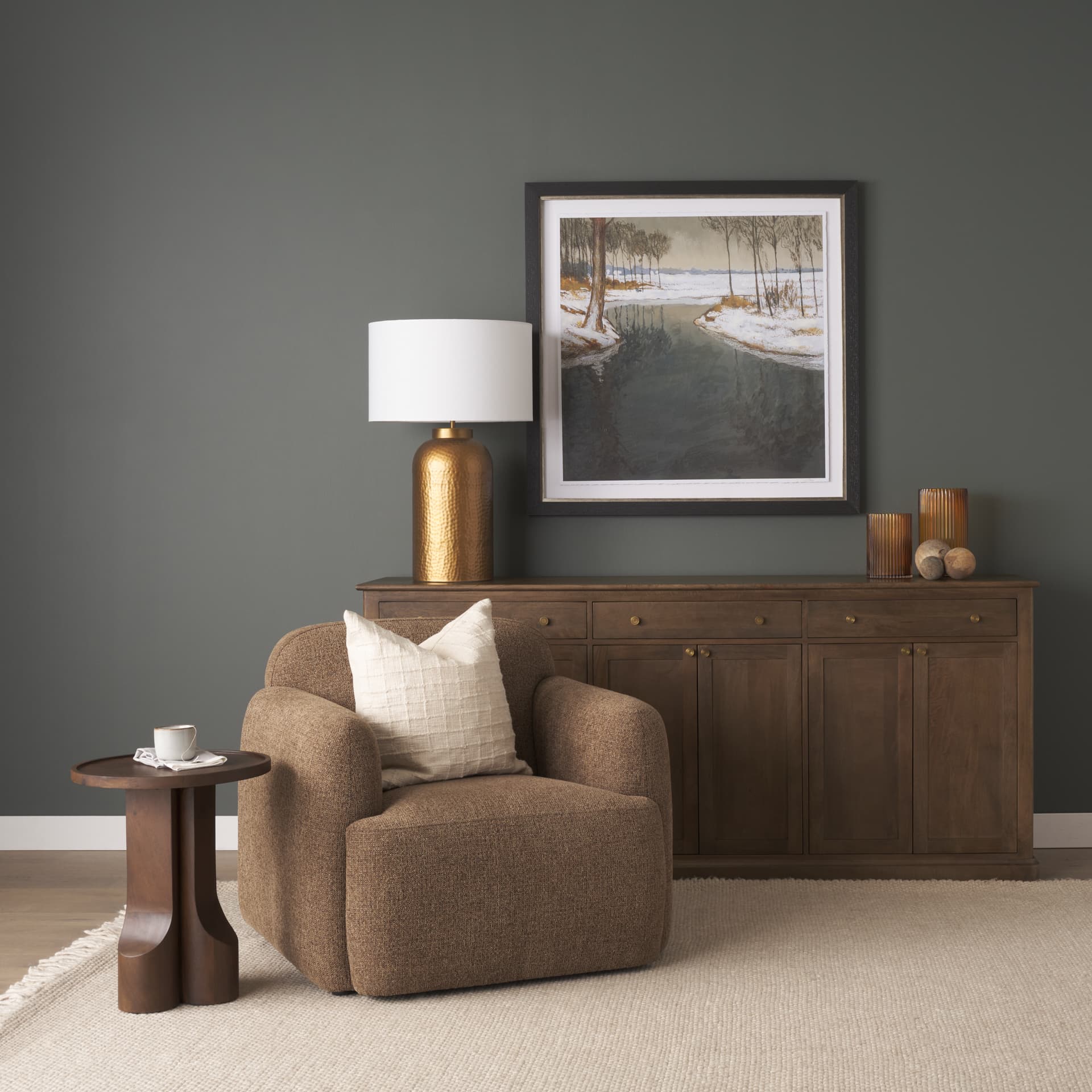 Baron Dark Brown Solid Wood w/ Antiqued Aged Brass Knobs 3-Drawer 6-Door Sideboard — in a styled room