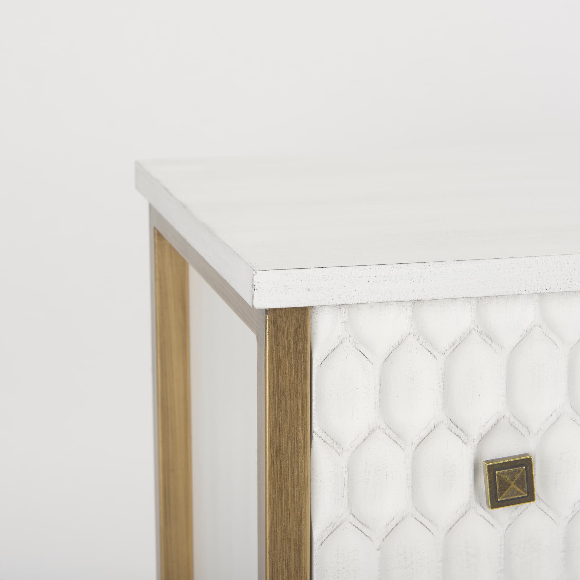 Savannah White Fir Veneer w/ Gold Metal 3-Drawer Accent Cabinet — product photograph