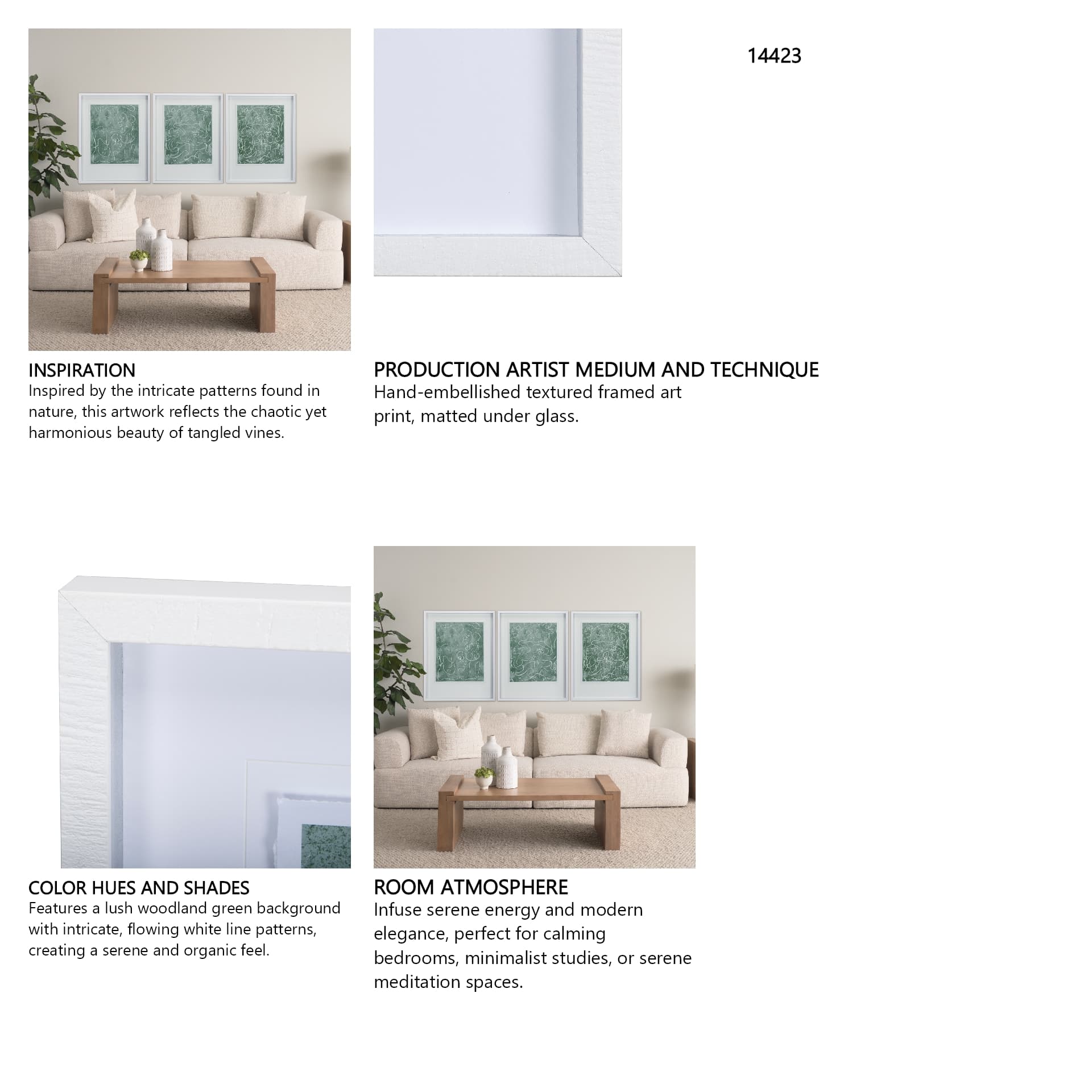Thread Green III by Mercana Studio a Hand Embellished Textured Framed Art Print Matted under Glass — in a styled room