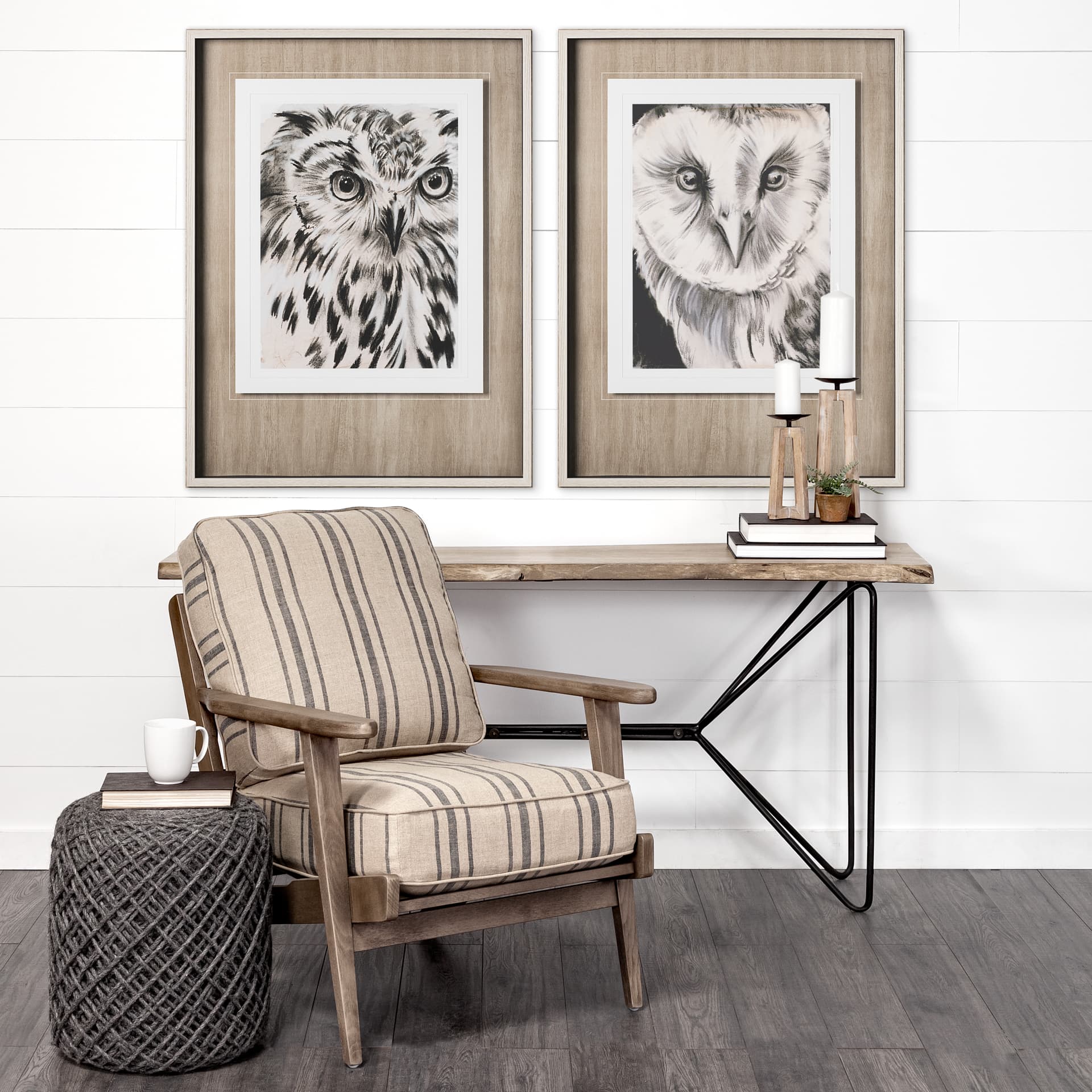 Charcoal Owl II by Jennifer Paxton Parker a Framed Art Print Matted under Glass — in a styled room