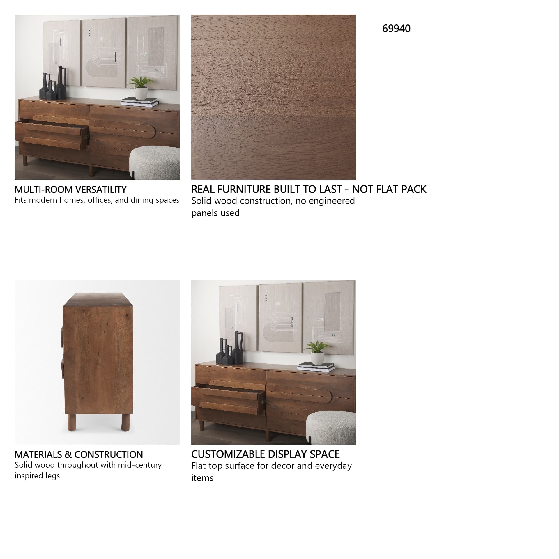 Astrid 71L x 17W x 30.3H Medium Brown Solid Wood 6 Drawer Sideboard — in a styled room