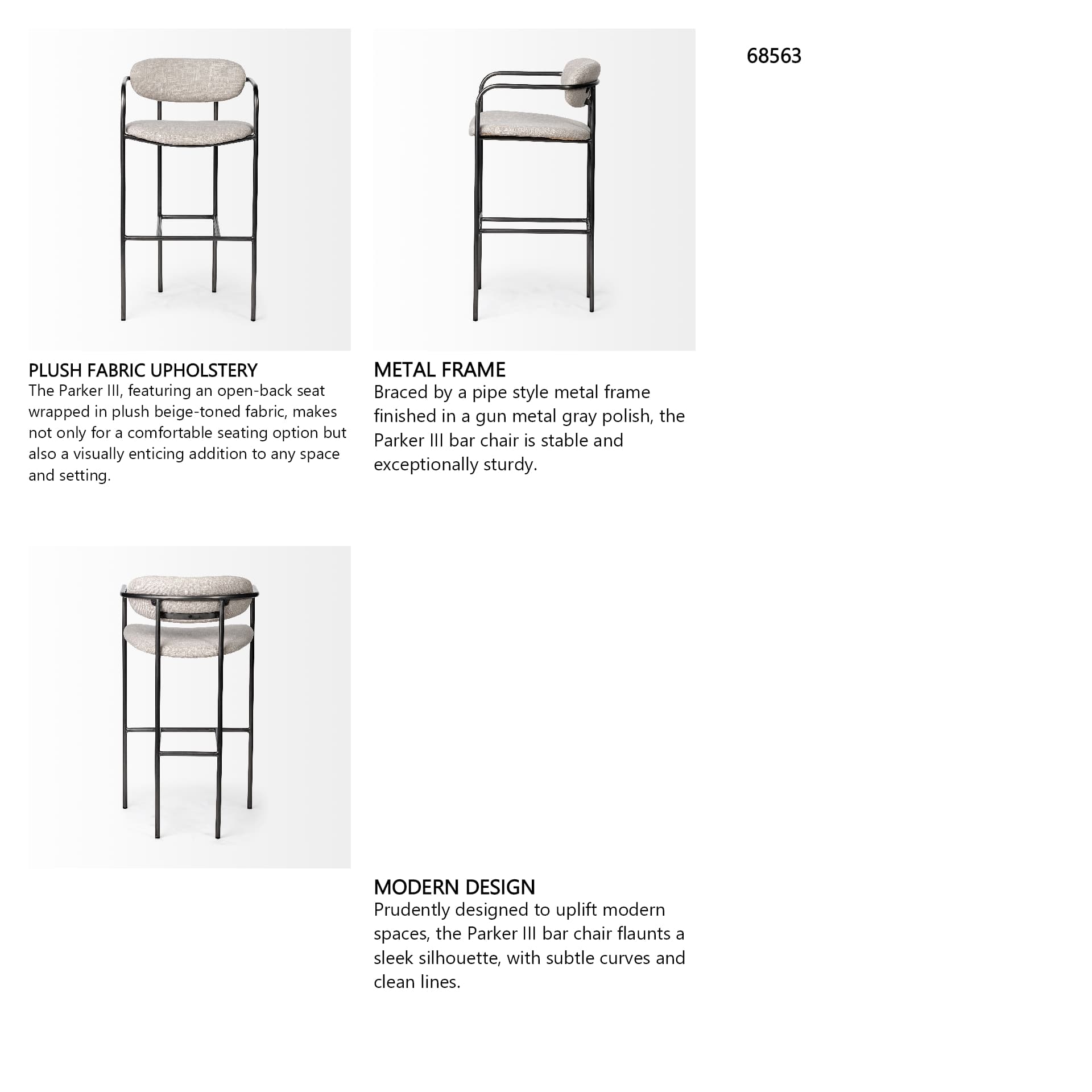 Parker Low Back 30.25in Seat Bar Stool | Beige Fabric w/ Grey Metal — product photograph